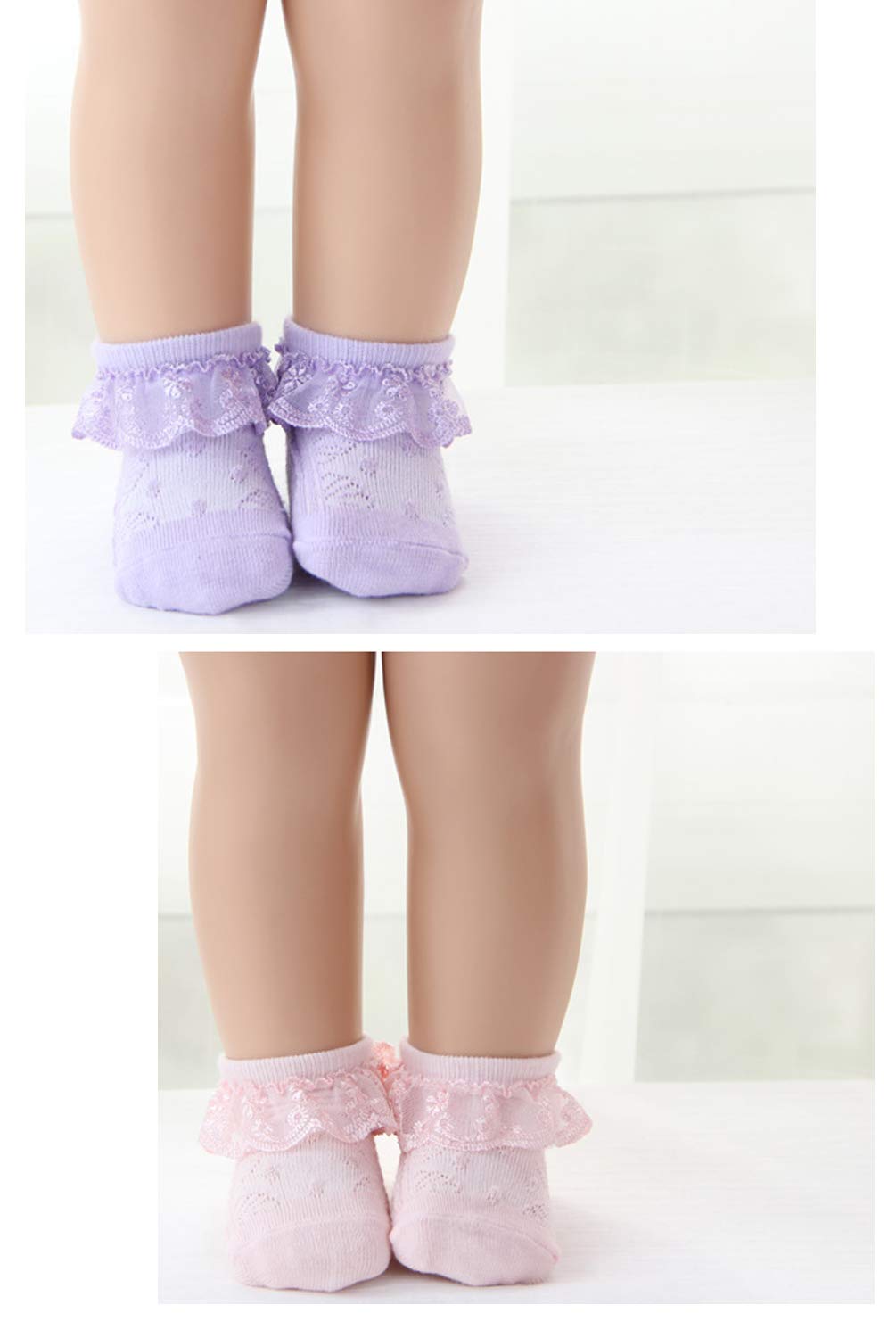 4 Pack Baby Toddler Girls Lace Cotton Socks with Eyelet Frilly Trim (0-8T) - Soft & Breathable for Everyday Wear, Playtime & Special Occasions