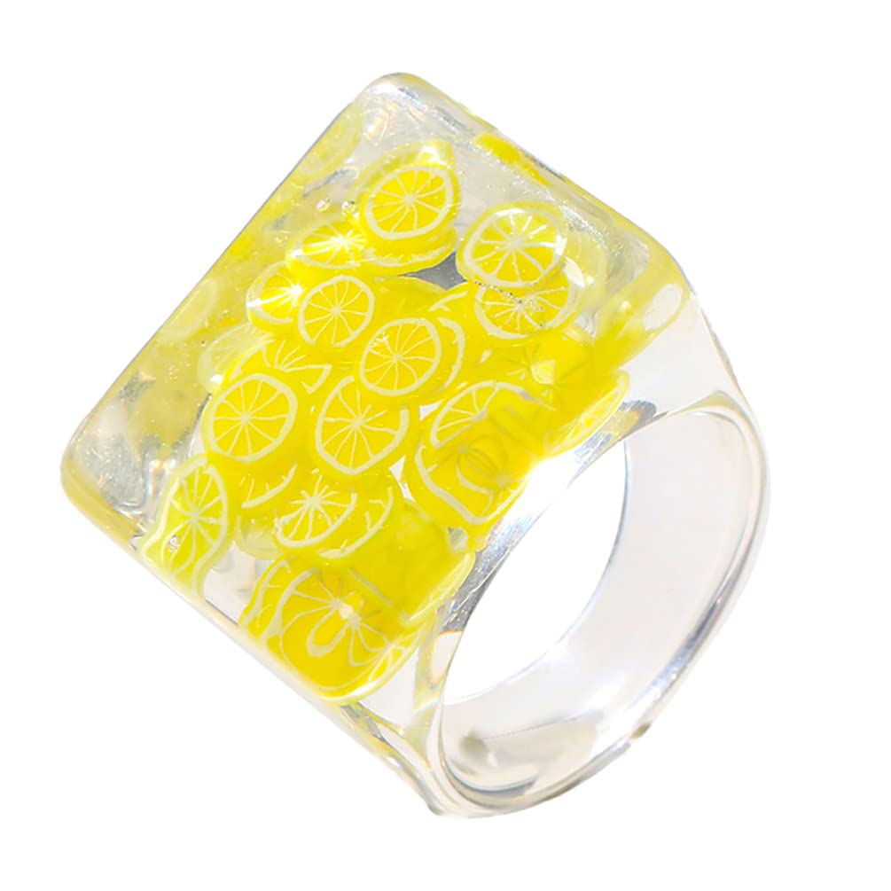 Happyyami Stylish Resin Fruit Ring for Women - Exaggerated Wide Finger Ring, Creative Jewelry with Inlaid Design - Perfect for Parties, Gifts, and Fashion Accessories