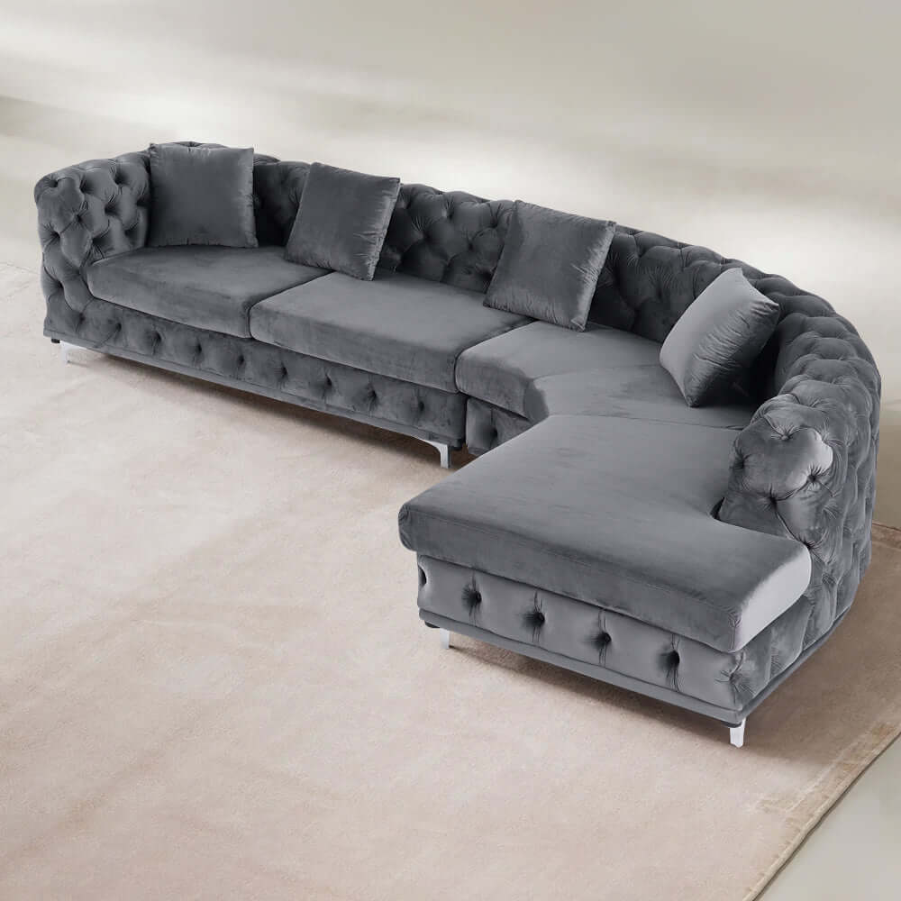 L-Shaped Curved Gray Velvet Sectional Sofa - Modern Chesterfield Style Living Room Couch for Small Spaces & Apartments | Perfect for Lounge, TV Room & Home Theater