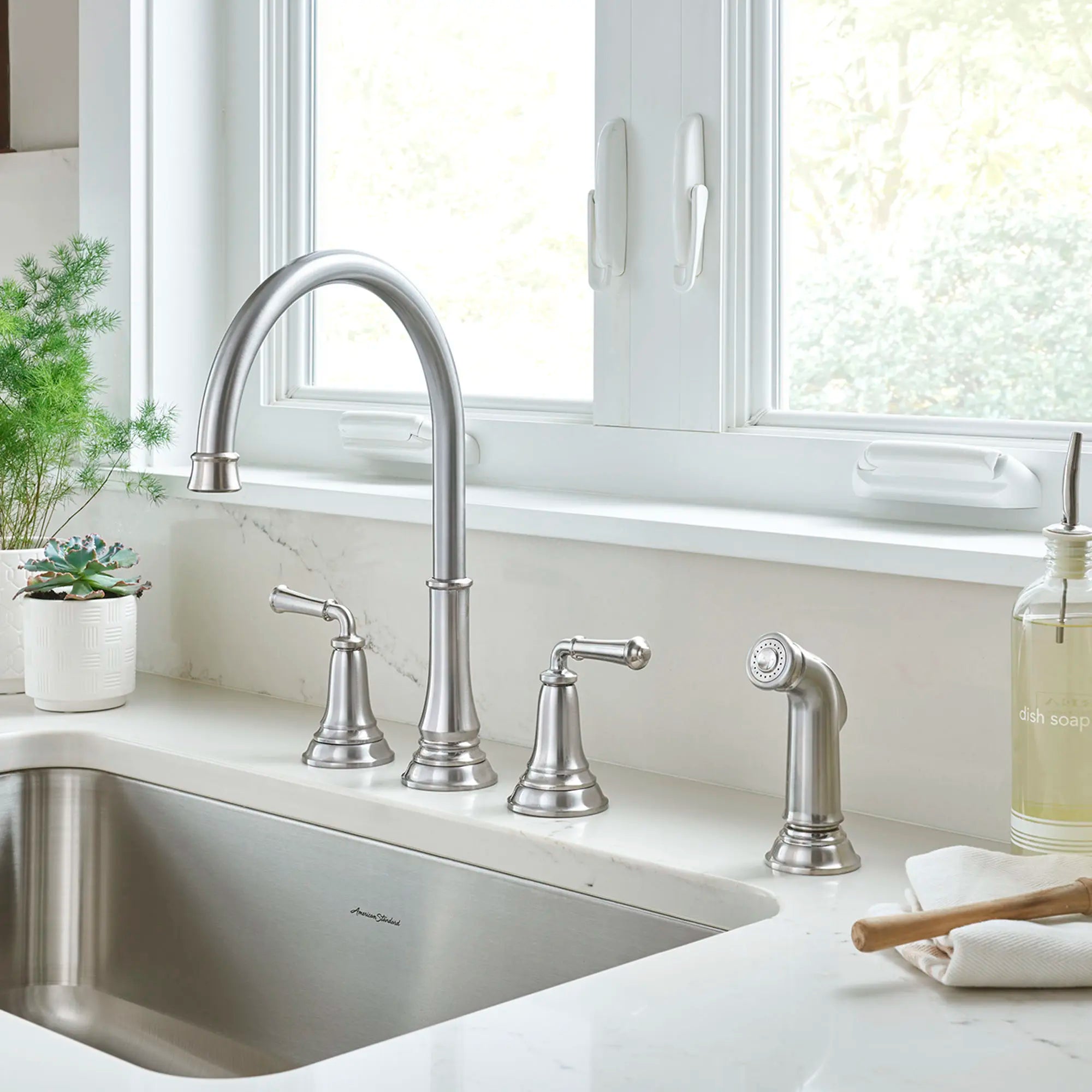 Delancey® 2-Handle Widespread Kitchen Faucet with Side Spray - 1.5 GPM/5.7 LPM - Brushed Nickel Finish - Perfect for Modern Kitchens & Easy Dishwashing