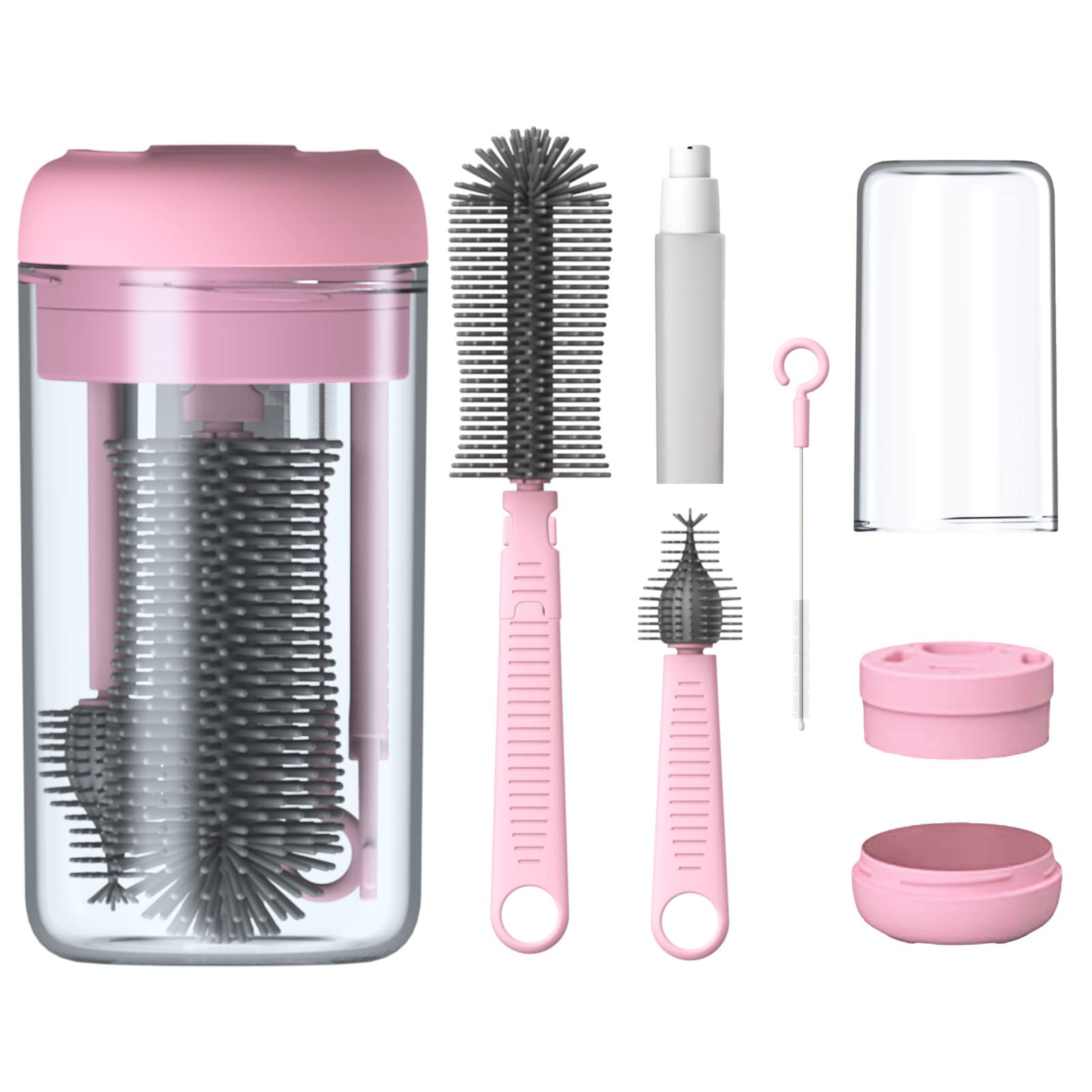 Pink Silicone Baby Bottle Cleaning Kit - Bottle Brush Set with Drying Rack, Nipple & Straw Brushes, Soap Dispenser - Safe for Newborns - Perfect for Travel, Home & Daycare Use - BPA-Free Baby Feeding Essentials