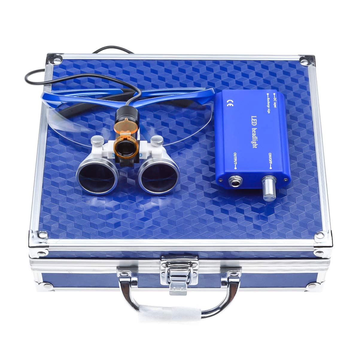 2.5X420mm Dental Loupes with 5W LED Headlight & Waist-Hanging Lamp - Blue DY-008 | Perfect for Dentists, Surgeons & Jewelers | Includes Aluminum Case & Light Filter