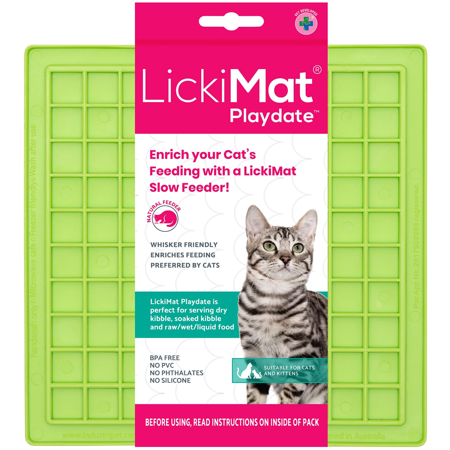 LickiMat Classic Playdate Cat Slow Feeder Lick Mat - Anxiety & Boredom Reducer for Cats - Perfect for Wet Food, Treats, Yogurt & Peanut Butter - Fun Alternative to Slow Feed Cat Bowls (Green) - Great for Mealtime Enrichment & Stress Relief