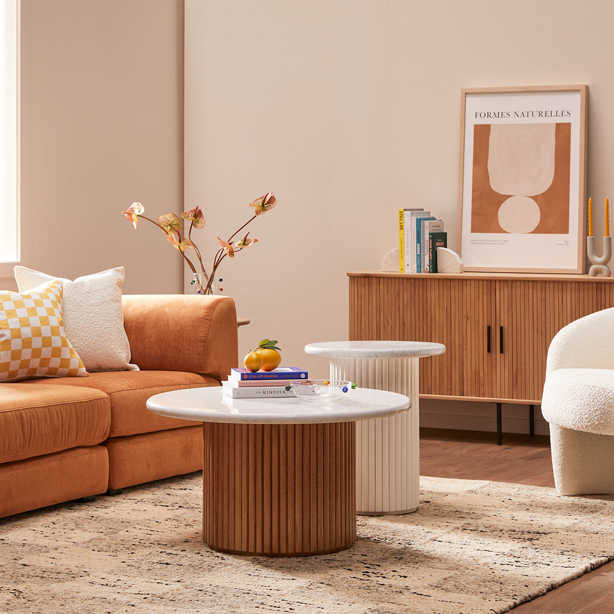 Modern Cosmos Side Table - White Oak & Carrara Marble Top - Nightstand, End Table for Living Room, Bedroom, Office - Minimalist Home Decor Furniture