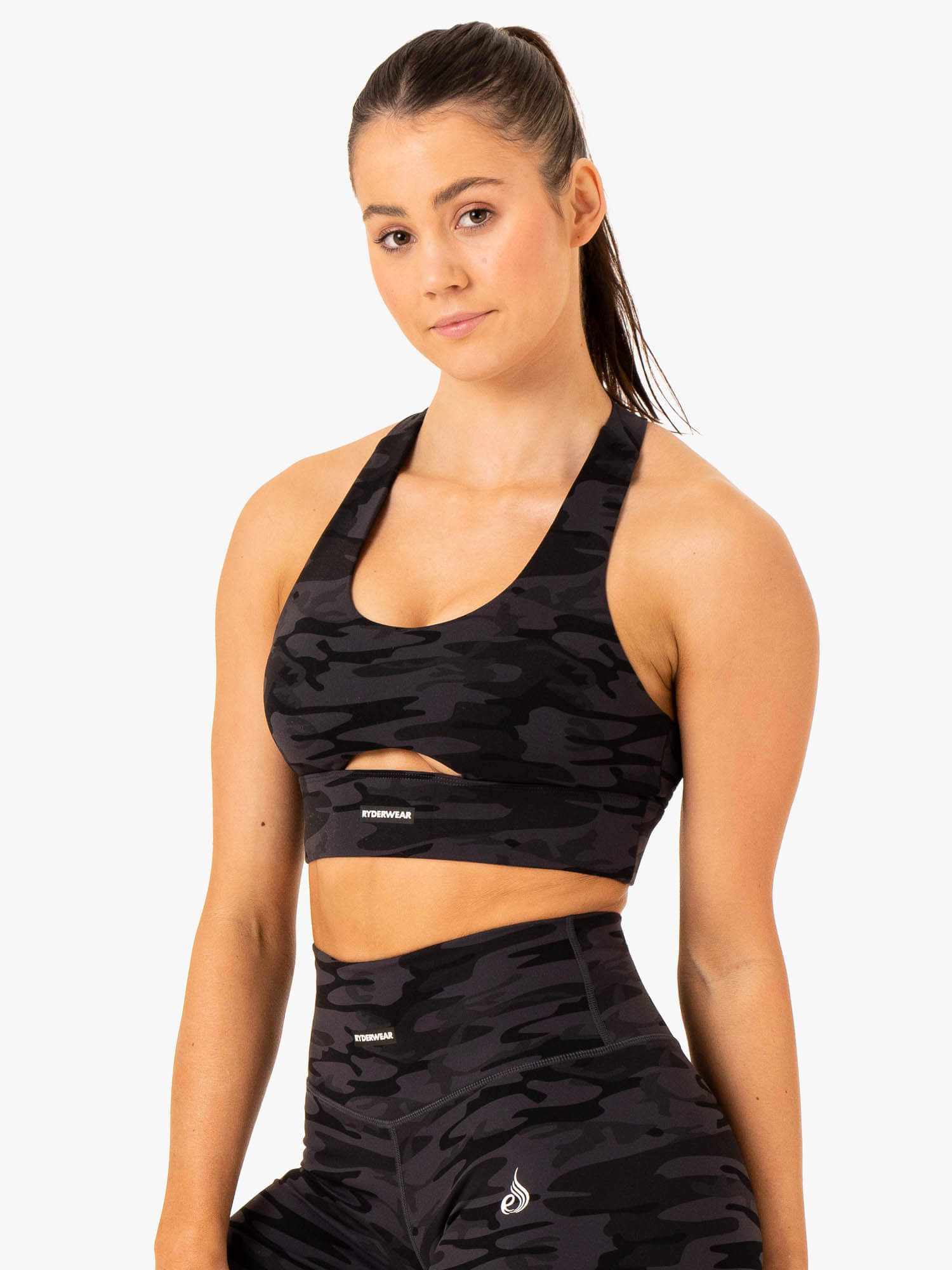 High Support Racerback Sports Bra - Black Camo Print for Women - Perfect for Running, Yoga & Gym Workouts
