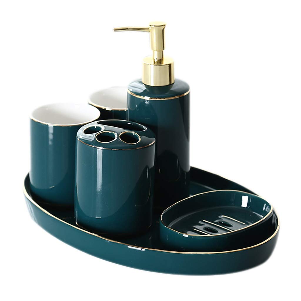 Premium Ceramic Soap Dispenser Set - Dark Blue with Gold Edge, 6-Piece Bathroom Accessories (Soap Dispenser, Mouthwash Cup, Toothbrush Holder, Soap Box, Tray, Lotion Dispenser) - Elegant Green Color for Modern Bathroom & Spa Decor