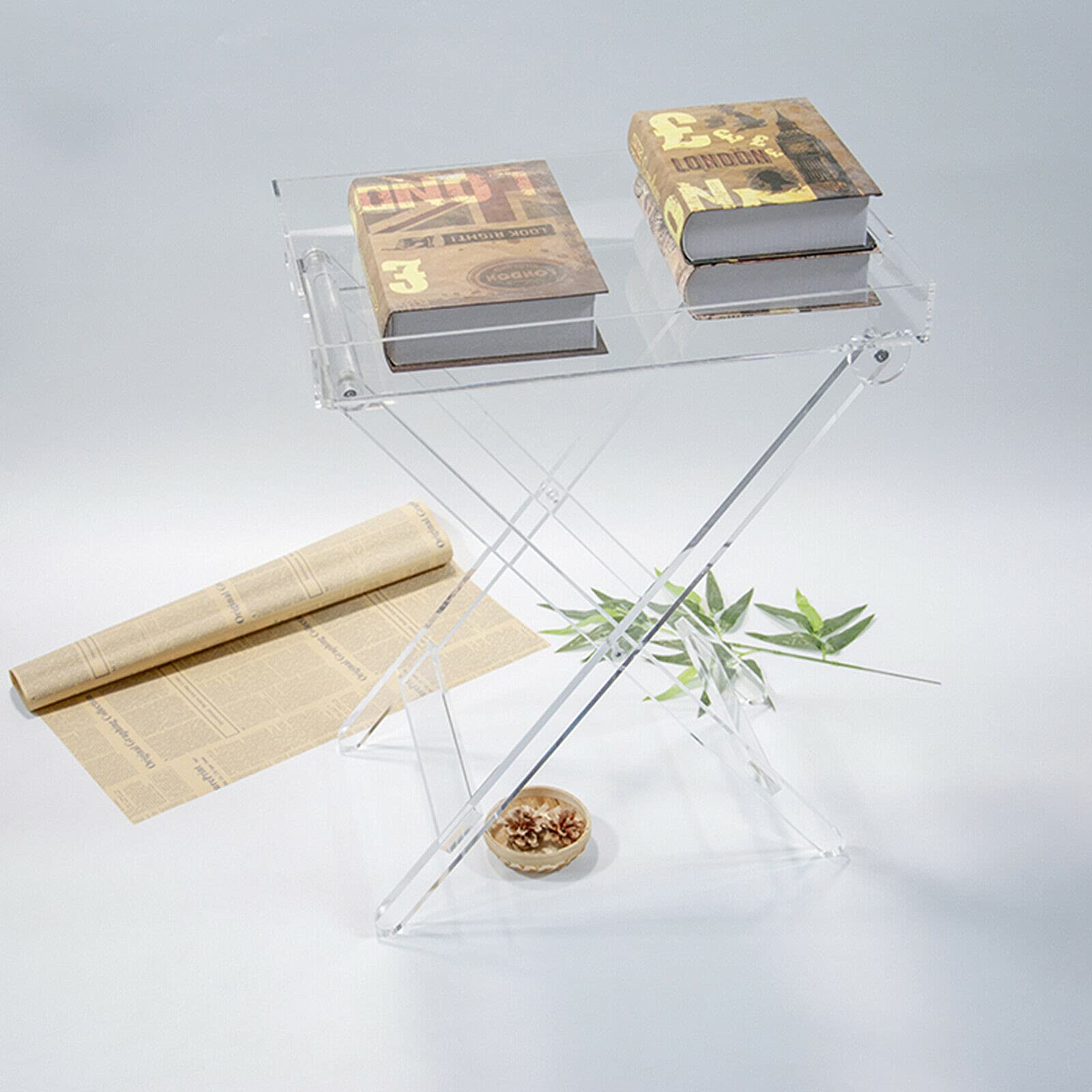 Clear Acrylic Folding Tray Table - Modern Transparent X-Leg Side Table for Coffee, Snacks & Serving (11.81