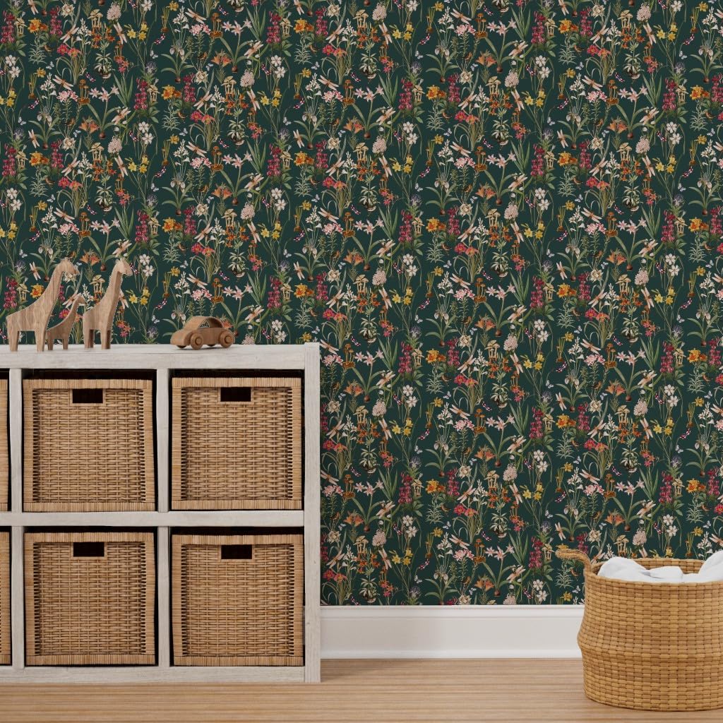 Peel & Stick Wallpaper 12ft x 2ft - Garden Dragonflies Spring Botanical Woodland Floral Custom Removable Wallpaper by Spoonflower | Perfect for Bedroom, Nursery, Living Room & Office Decor