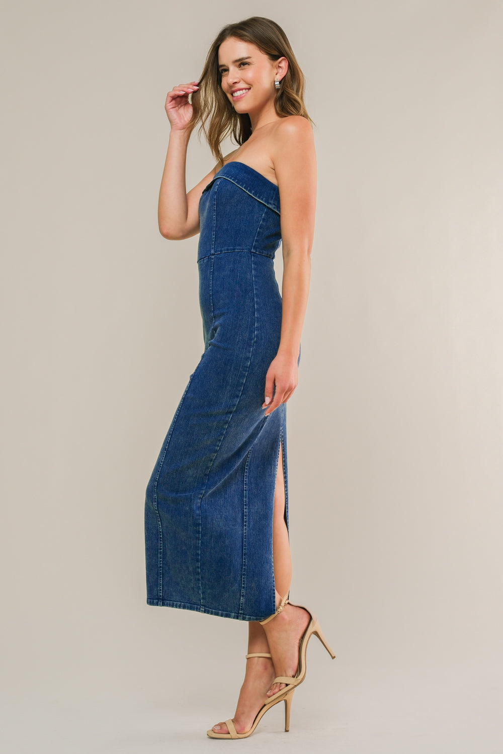 Blue Crush Strapless Bodycon Denim Midi Dress for Women - Perfect for Night Out, Party & Summer Date