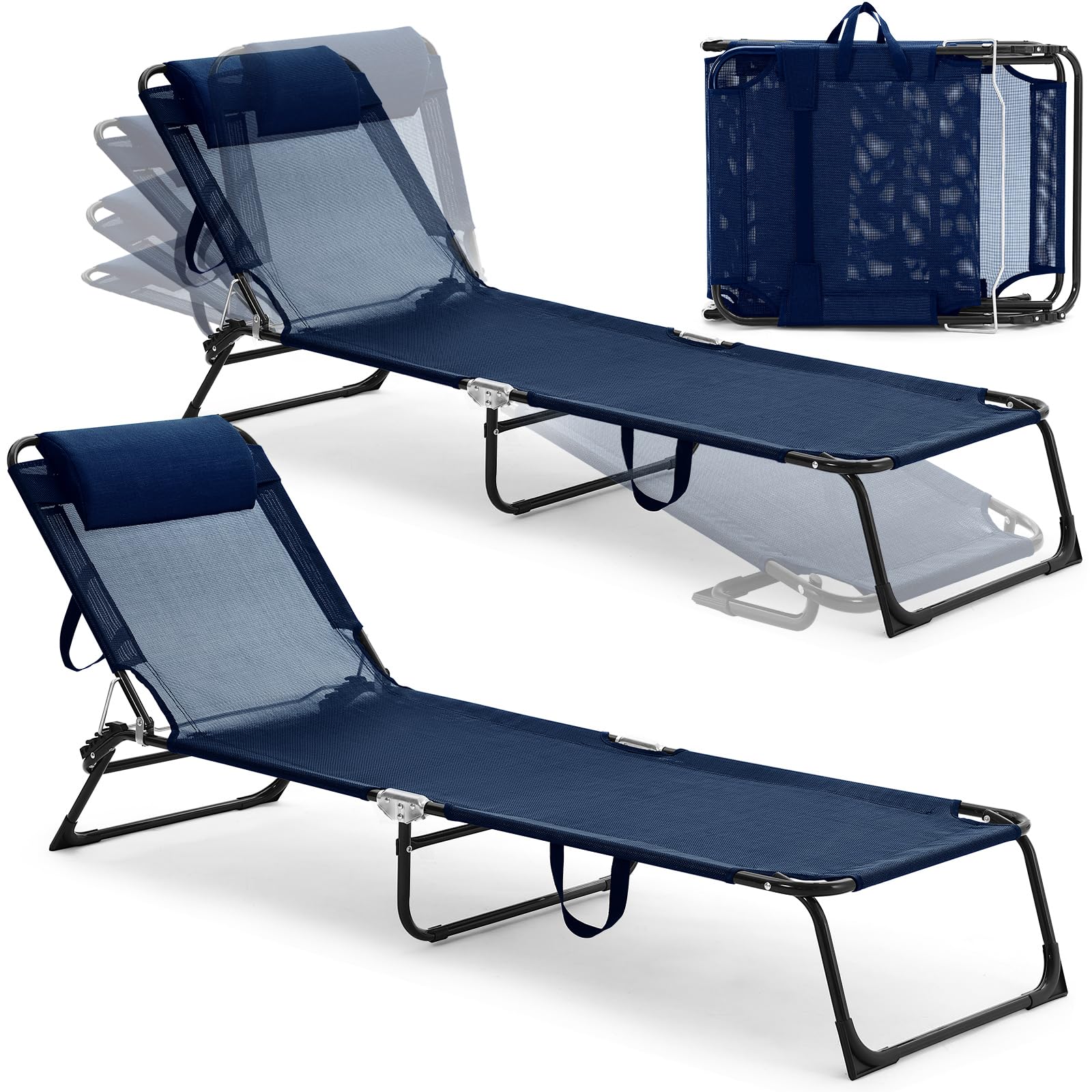 2 Pack Folding Chaise Lounge Chairs - Adjustable Outdoor Reclining Beach Chairs with 5-Position Backrest & Detachable Pillow, Breathable Mesh Sun Lounger for Tanning - Perfect for Poolside, Backyard, Camping & Beach (Navy Blue)