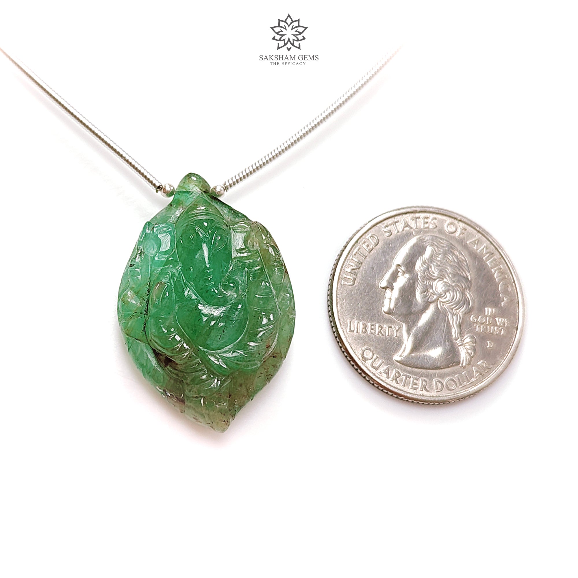 Natural Untreated Green Emerald Loose Beads - 32.30cts May Birthstone, Lord Ganesha Carved Gemstone (30x20.5mm) for Jewelry Making, Meditation & Spiritual Healing