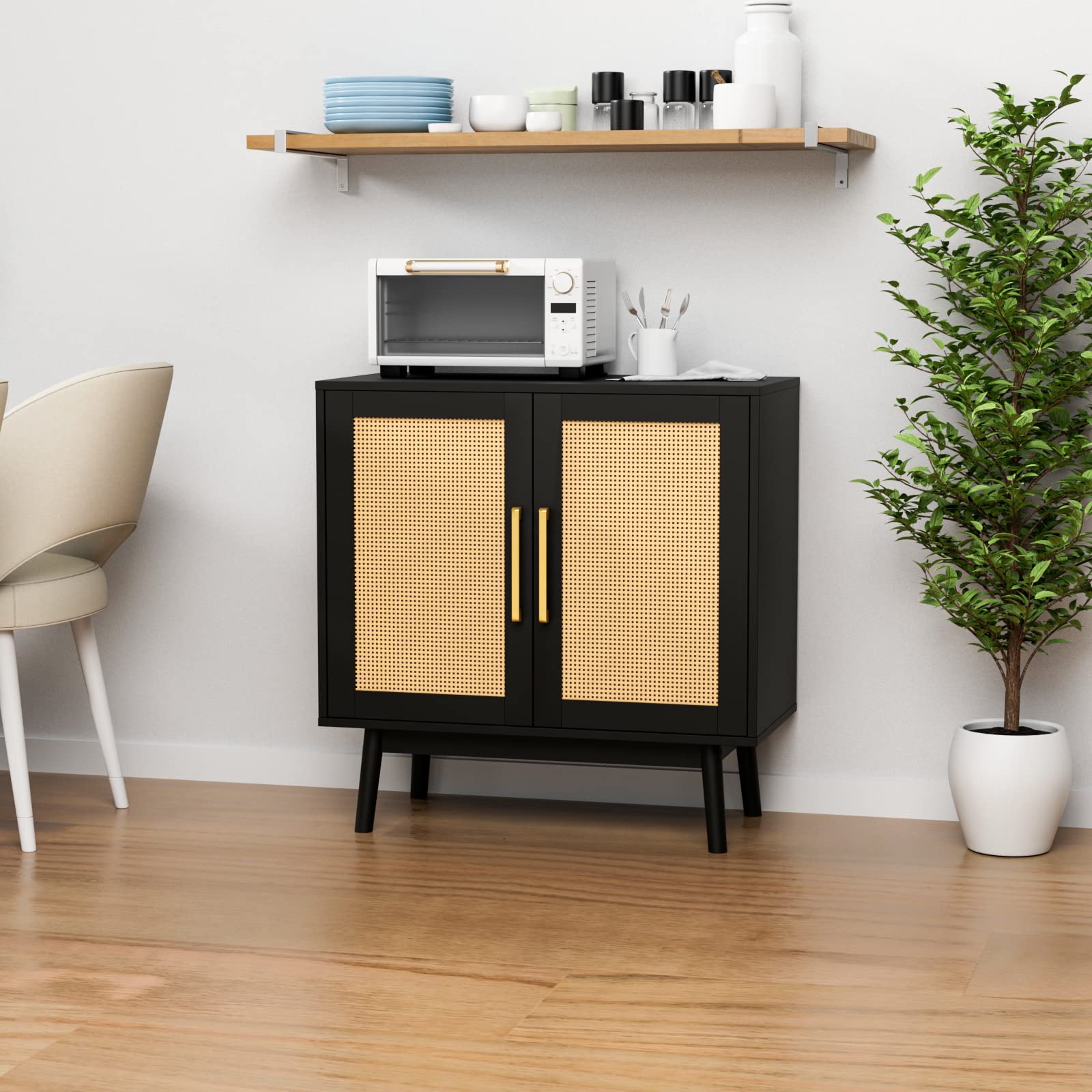 LYNSOM 2-Piece Buffet Cabinet Set with Rattan Doors & Solid Wood Feet - Stylish Sideboard Storage Cabinet for Living Room, Entryway, Hallway - Perfect for Dining Room Storage & Home Decor (Black)
