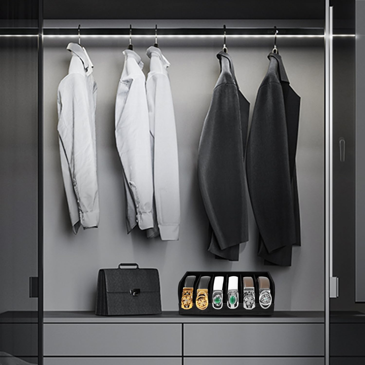6-Compartment Bamboo Belt Organizer for Closet & Drawer - Tie & Belt Storage Display Case for Men & Women (Black) | Perfect for Home, Office & Travel Organization