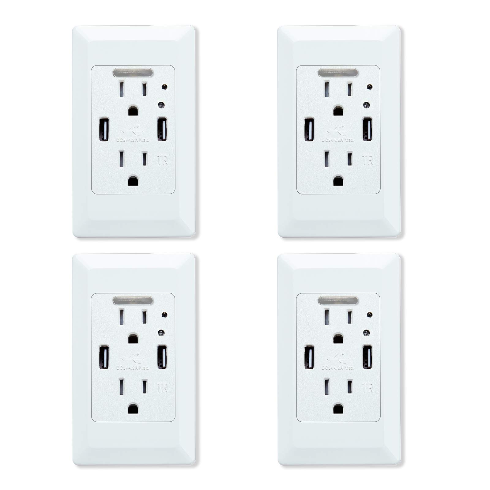 4-Pack USB Wall Outlet Charger with Night Light - Dual 4.2A USB Ports & 2 Tamper-Resistant AC Outlets (15A), White with Wall Plate - Perfect for Bedrooms, Hallways & Home Offices