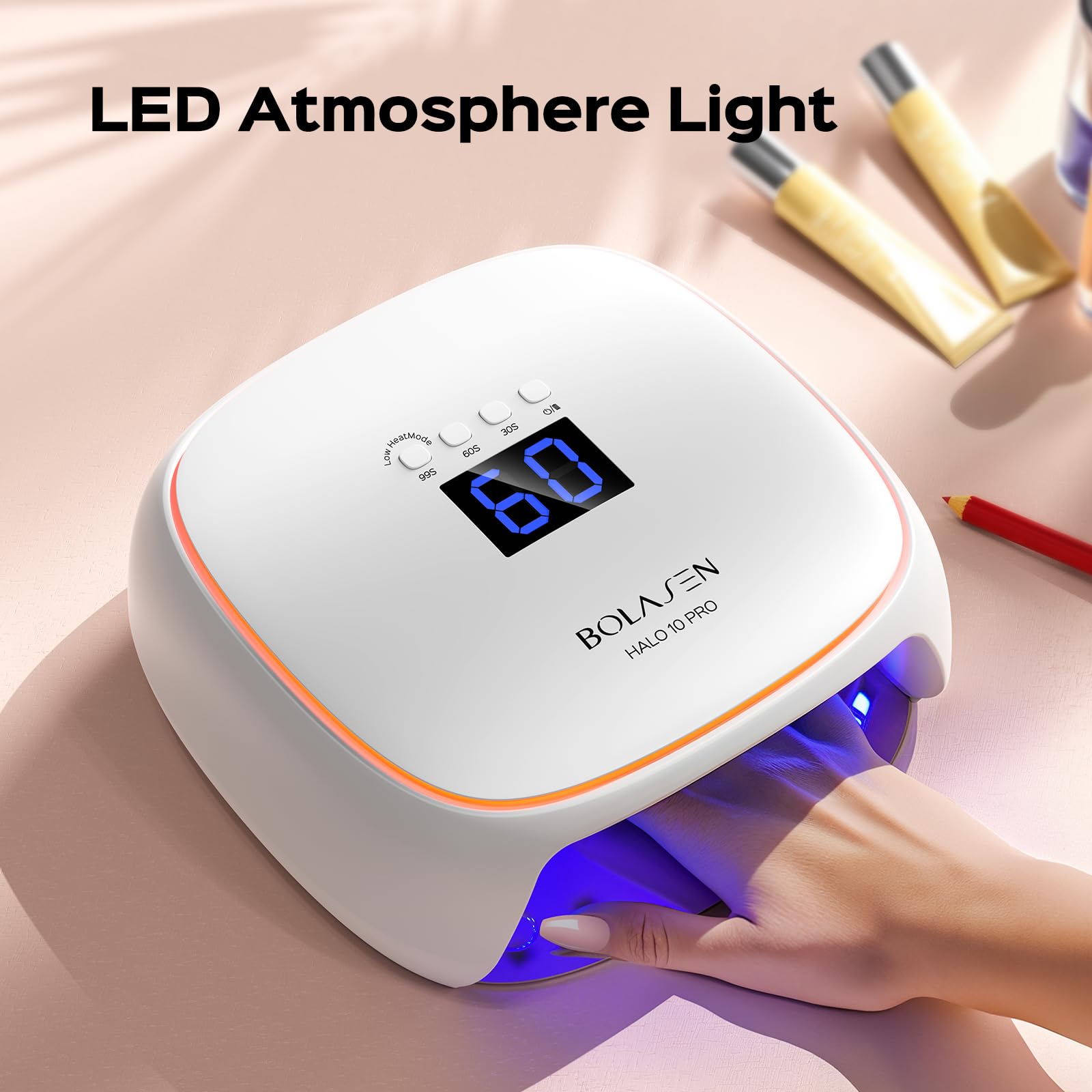 BOLASEN 60W Cordless Rechargeable UV LED Nail Lamp - Wireless Gel Nail Light with Ceramic Technology & Metal Base, Portable LED Nail Dryer with Atmosphere Light for Professional Manicures - Perfect for Home, Salon & Travel Nail Care