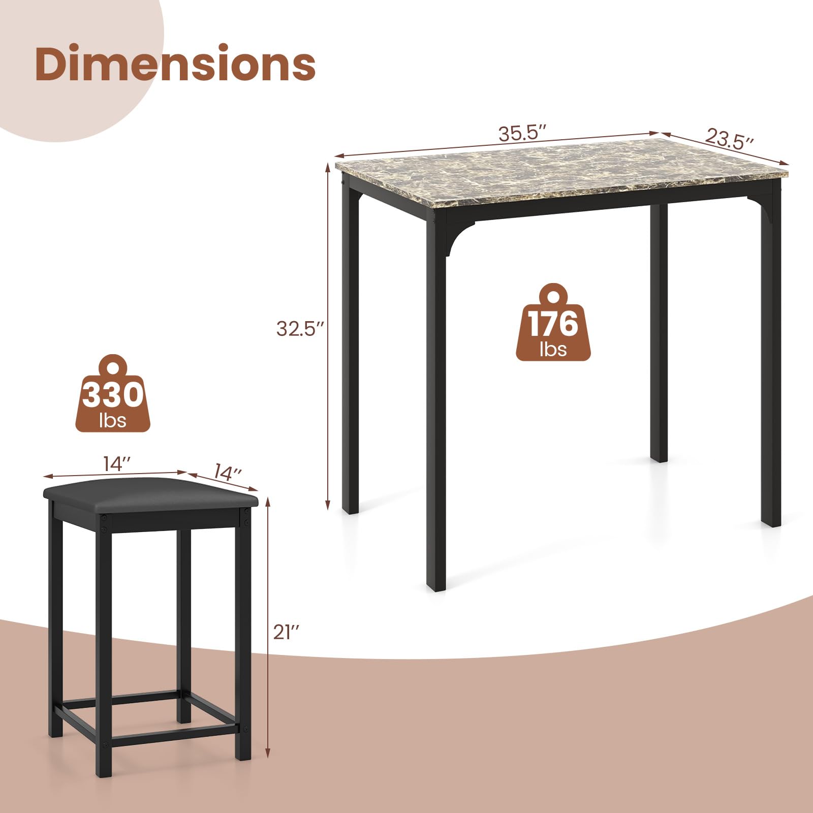 Giantex 3-Piece Dining Table Set with Faux Marble Tabletop & 2 Chairs - Modern Kitchen Table for Small Spaces, Breakfast Nook, Apartment, Restaurant, or Cafe (Beige & Black) - Perfect for Home, Office, and Commercial Use