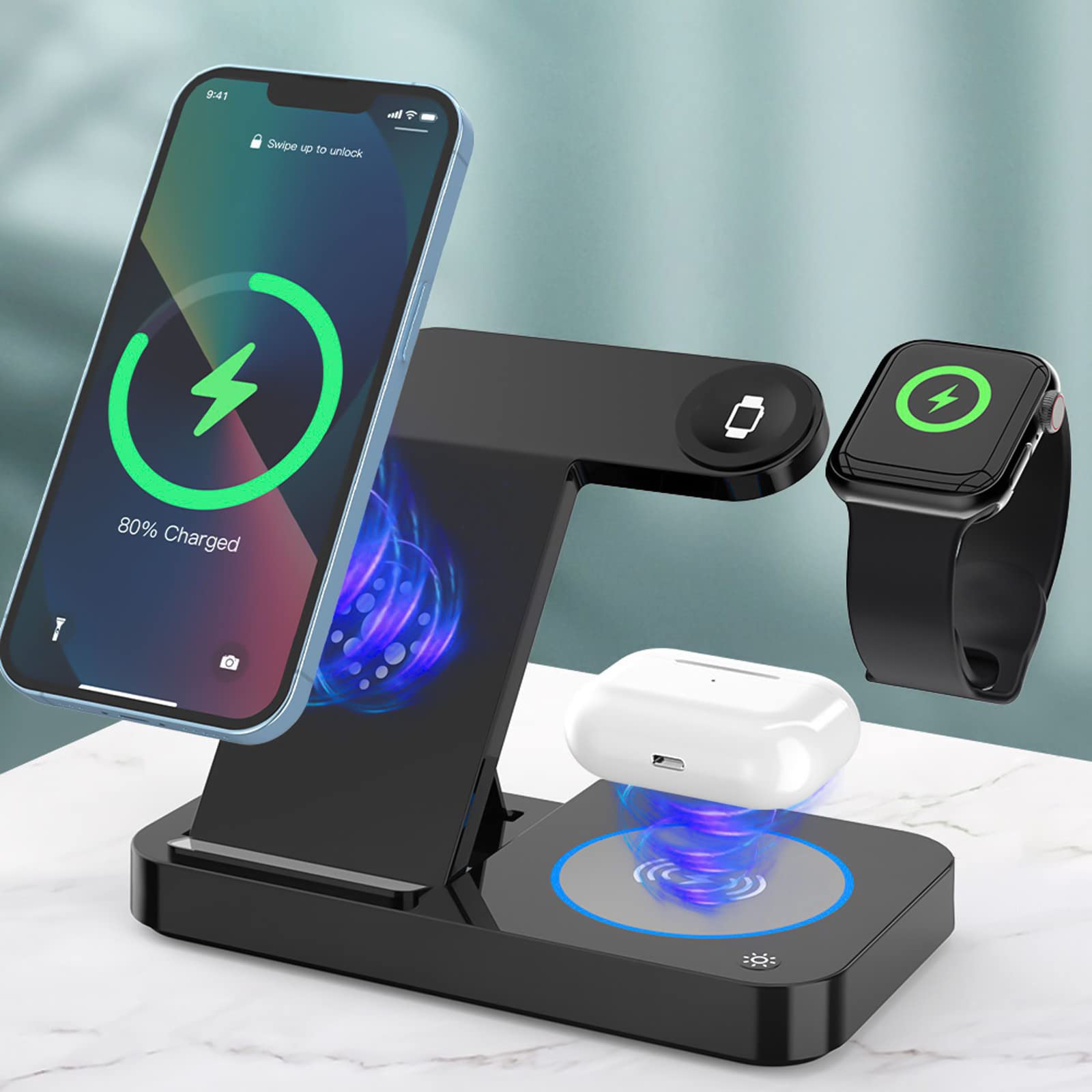 3-in-1 Wireless Charging Station 15W Fast Charger Stand for iPhone, Samsung & Android Phones | Multi-Device Qi Charger with Smart Safety Protection | Perfect for Home, Office & Nightstand Use