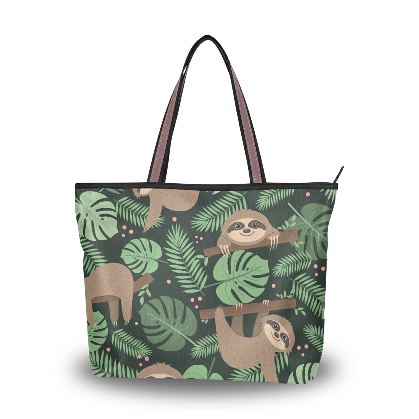 Cute Sloth Print Tropical Leaves Tote Bag for Women - Reusable Zippered Shoulder Handbag, Beach Bag for Travel, Shopping & Daily Use
