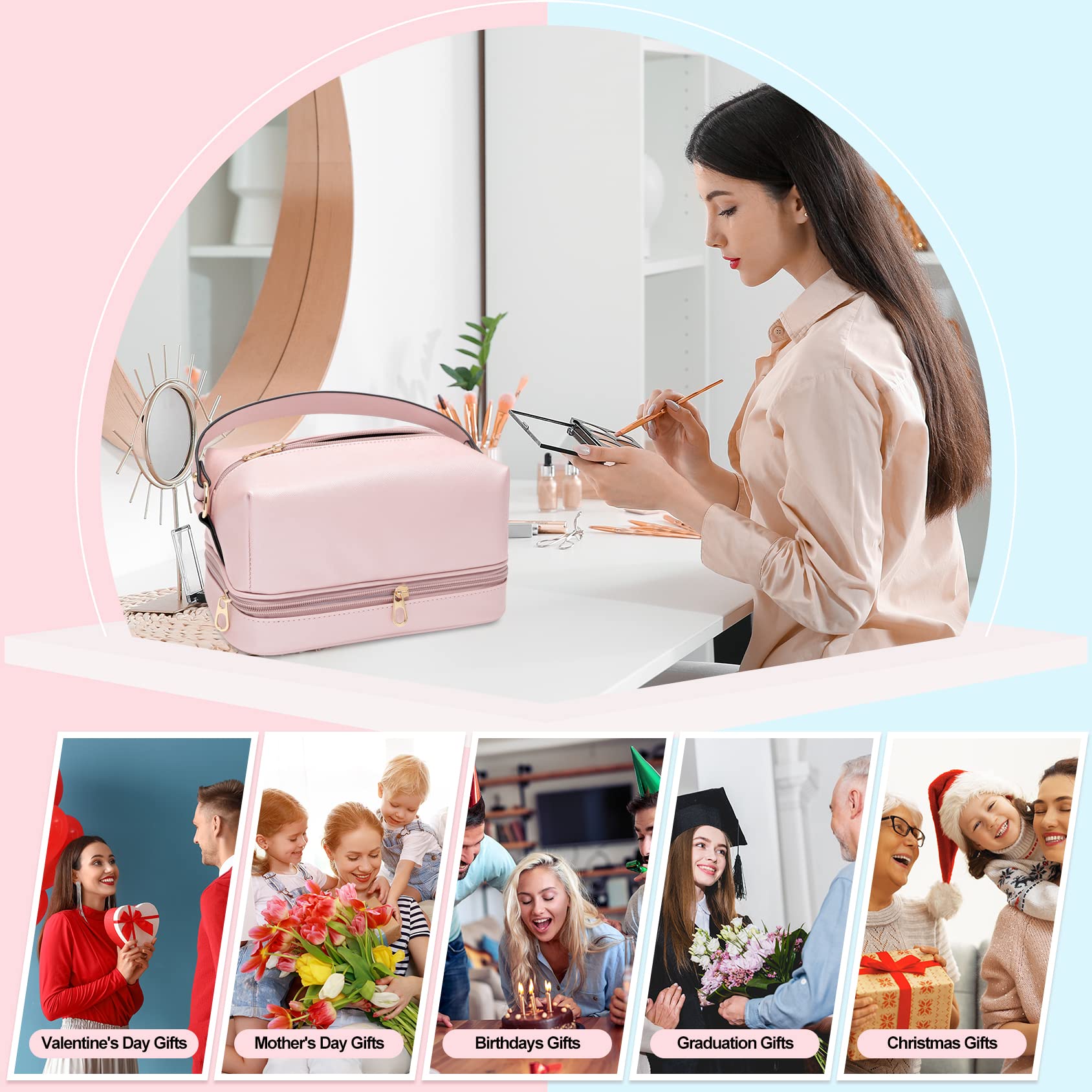 Leather Makeup Bag for Women - Large Travel Toiletry Organizer with Cosmetic Pouch, Perfect for Dorm Room Essentials & On-the-Go | Ideal Graduation, Birthday & Mother's Day Gift for Her | Great for Travel, Gym & Daily Use