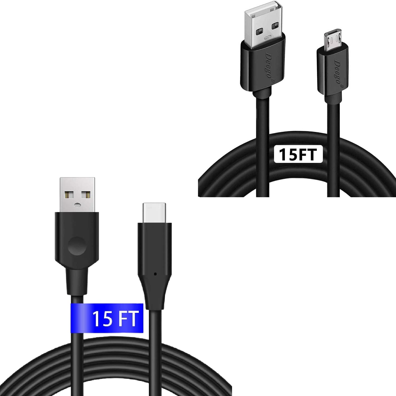DEEGO 15ft Extra Long Micro USB & USB C Cable Bundle - Fast Charging & Data Sync for Smartphones, Tablets, Laptops - Perfect for Home, Office, Car & Travel Use