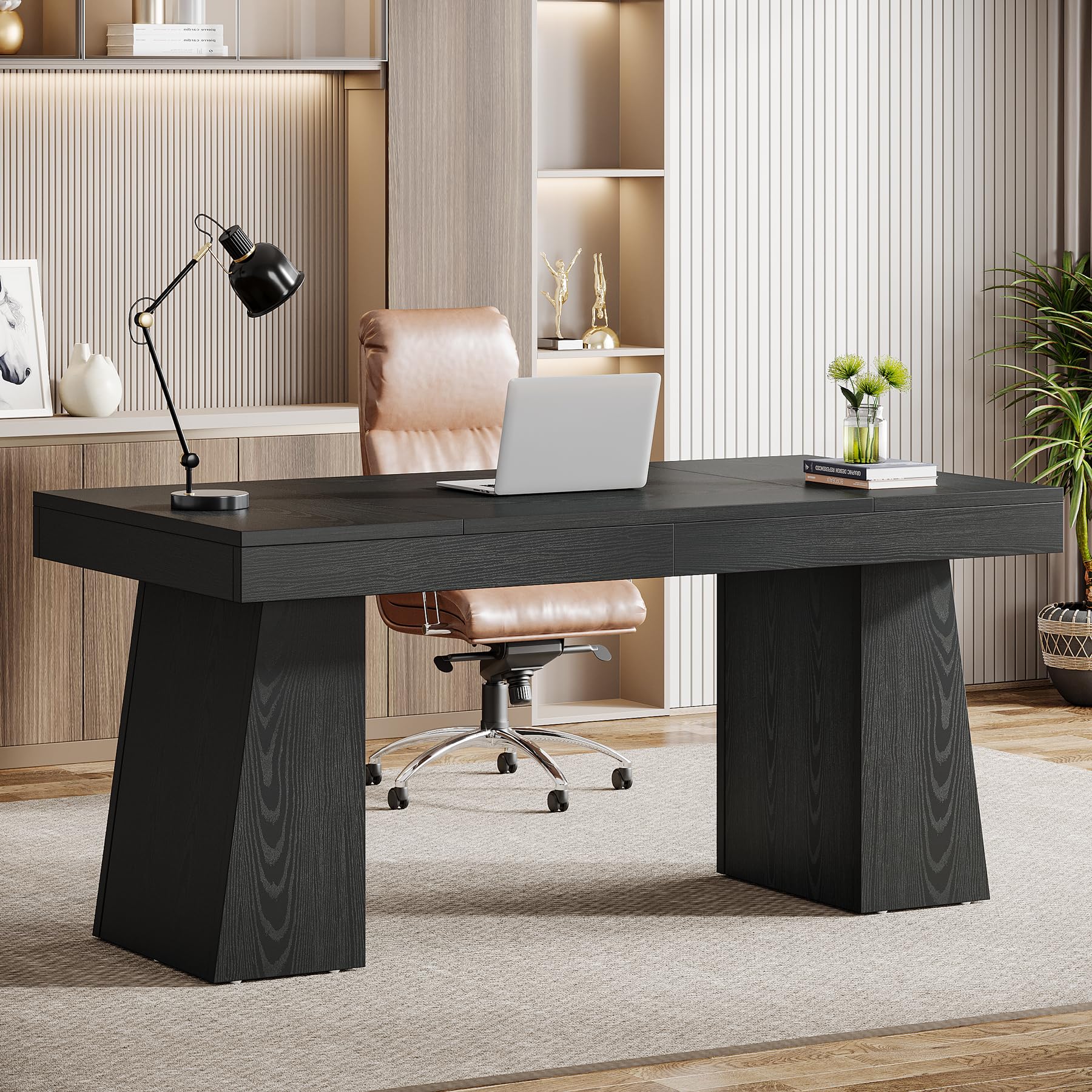 Tribesigns 55 Inch Modern Executive Desk - Mid Century Style Home Office Desk with Sturdy Double Trapezoid Base, Wooden Computer Desk for Business & Conference Room (Black) | Perfect for Small Office Spaces & Remote Workstations