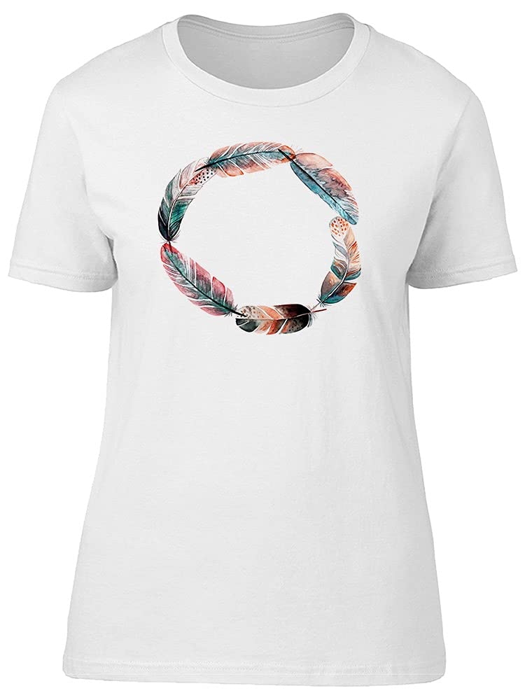 Grunge Watercolor Feather Wreath Graphic T-Shirt for Women - Soft White Cotton Tee - Perfect for Casual Wear, Music Festivals & Boho Style Outfits