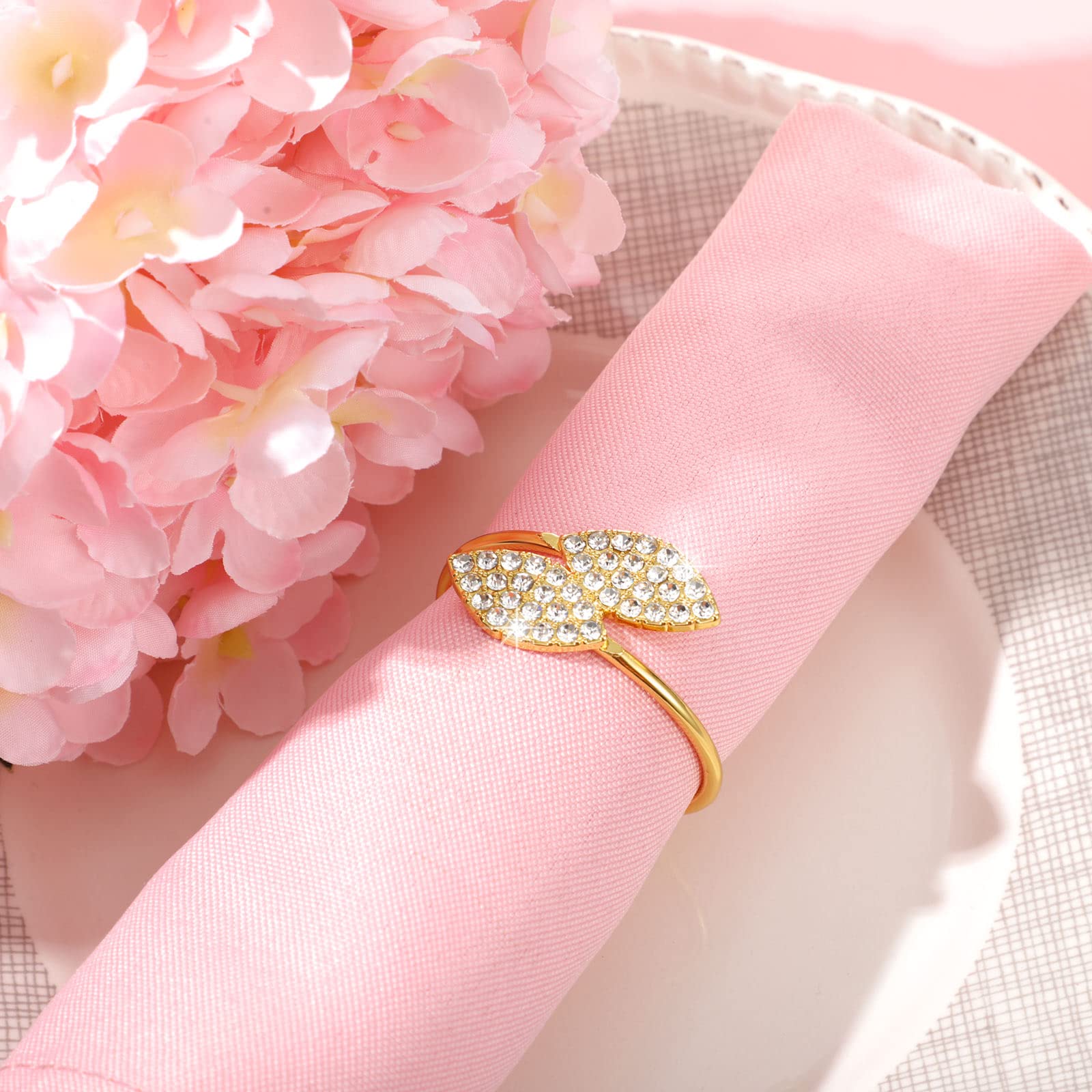 100 Pcs Gold Bling Napkin Rings Set - Elegant Metal Leaves Rhinestone Napkin Holders for Wedding, Party & Valentine's Day Dinner Table Decor - Perfect for Holiday Gatherings, Bridal Showers & Fine Dining Events