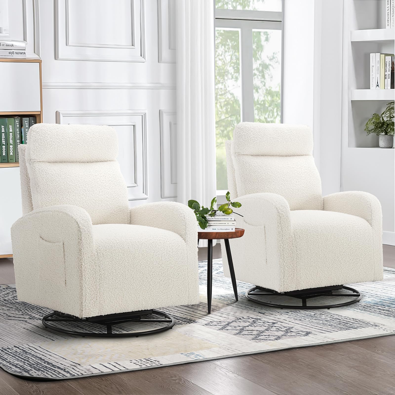 360° Swivel Glider Chair for Nursery & Living Room - Modern Ergonomic Rocking Recliner with High Back & Side Pocket - Cream White Boucle Upholstered Accent Chair for Bedroom, Nursery, Office - Perfect for Nursing, Relaxing & Reading