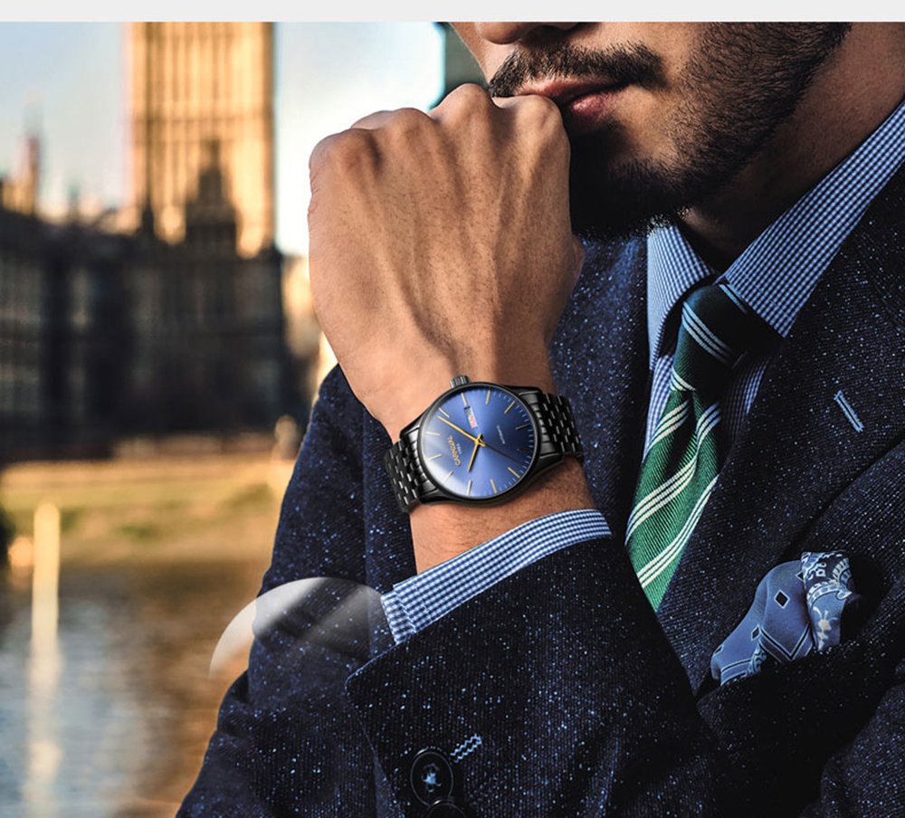 Gosasa Men's Automatic Mechanical Stainless Steel Watch - Ultra Thin Simple Day Date Waterproof Wristwatch for Business & Casual (Black/Blue) | Perfect for Office, Dating & Everyday Wear