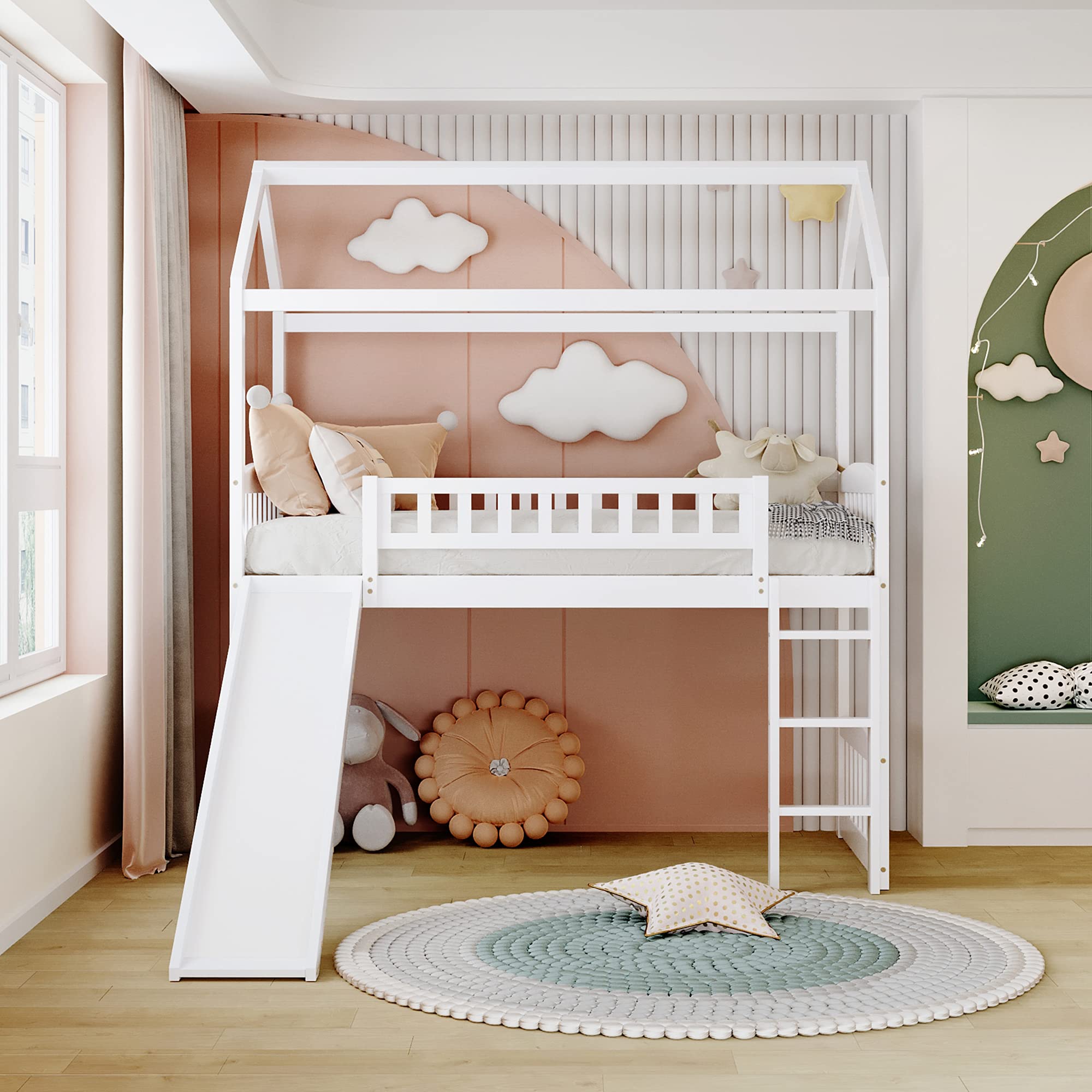 Multifunctional White Twin Size Wooden Kids Loft Bed with Slide & Ladder - House Design for Bedroom | Space-Saving Bunk Bed Solution for Small Rooms & Play Areas