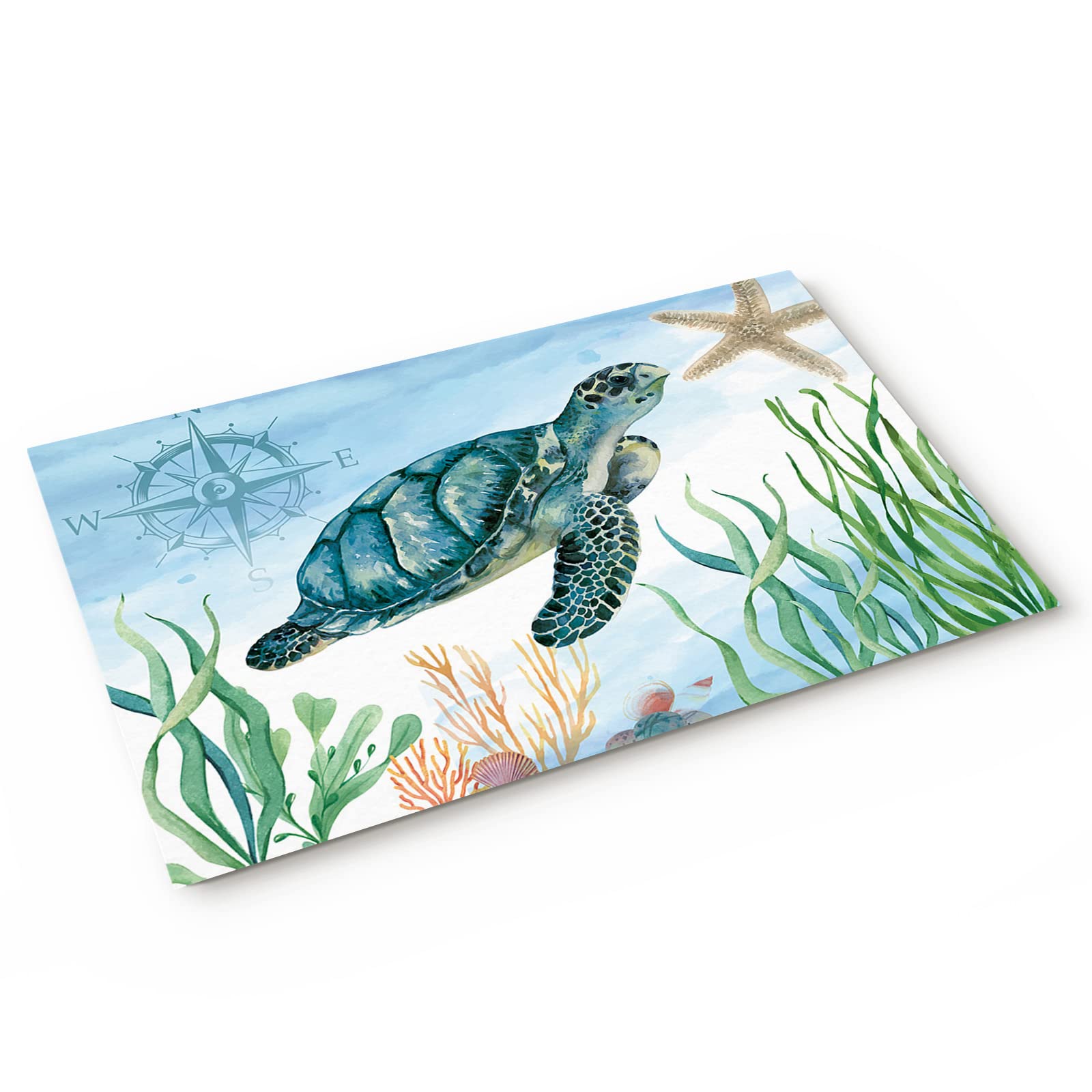Non-Slip Rubber Welcome Doormat - 18x30in Coastal Blue Sea Turtle Nautical Design Outdoor/Indoor Entry Mat - Perfect for Front Door, Beach House, Kitchen & Bathroom Floor Decor