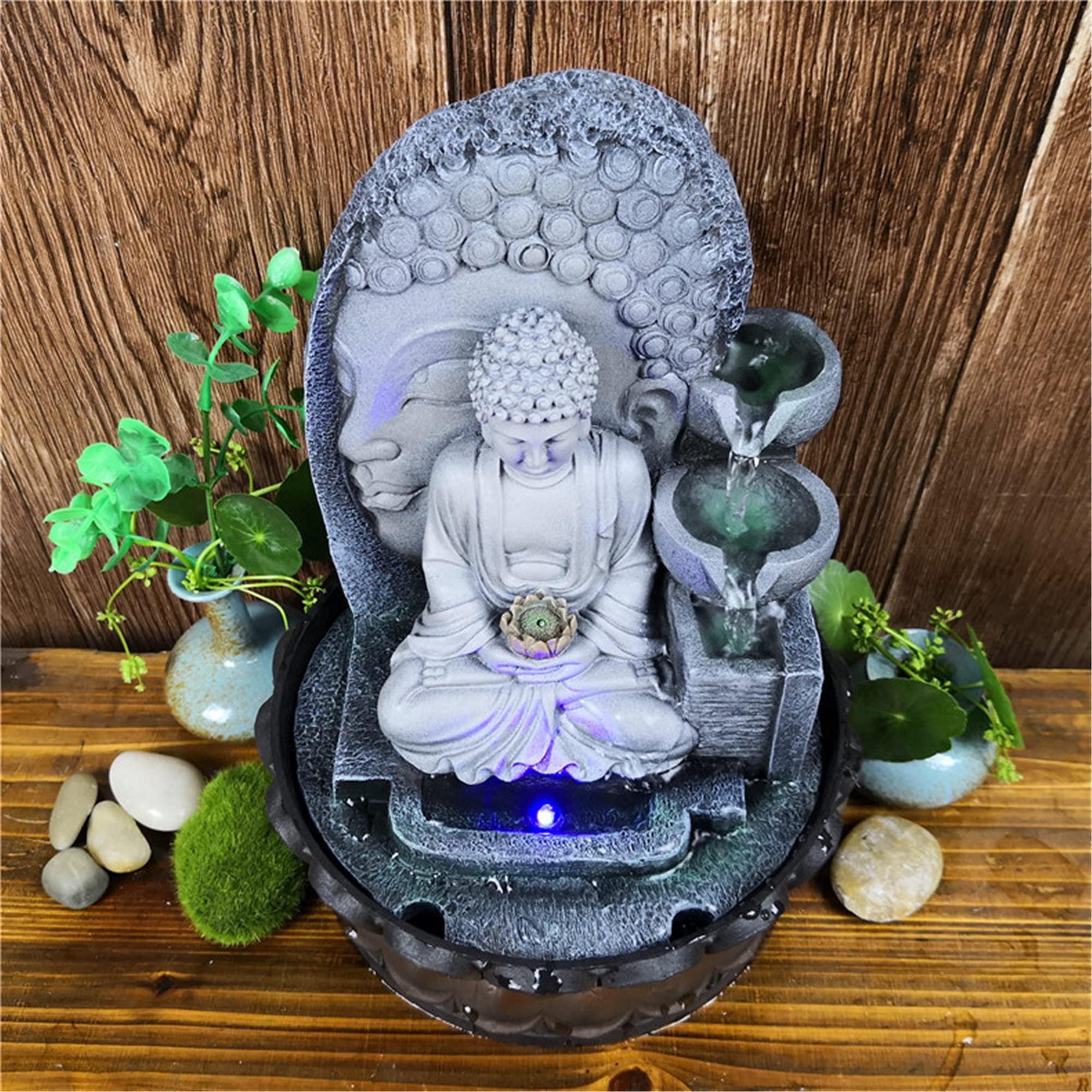 Zen Buddha Face & Buddha Statue - LED Indoor Tabletop Water Fountain with Feng Shui Design for Meditation & Relaxation - Perfect for Home, Office, Yoga Studio Decor and Stress Relief