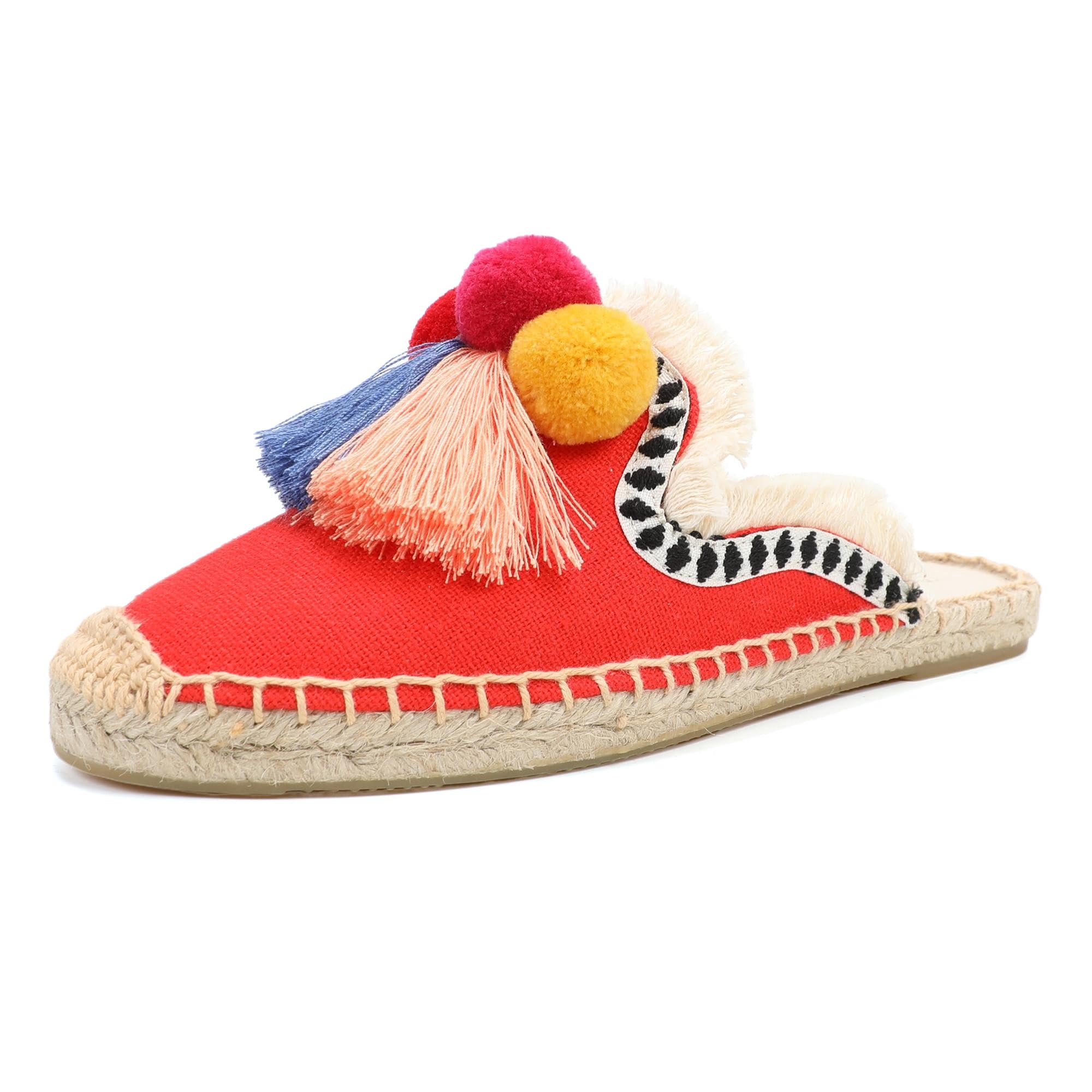 Women's Comfortable Mule Flat Shoes with Tassel & Pompom - Breathable Espadrilles Slides Backless Slippers for Summer, Beach, Casual Wear & Home Use