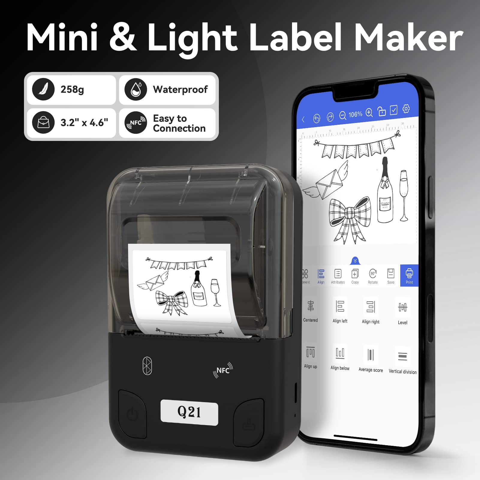 Portable Bluetooth Label Printer Q21 - Wireless Barcode Label Maker with Tape for Small Business & Office, Compatible with Android & iOS, USB Rechargeable | Perfect for Organizing, Inventory & Shipping Labels