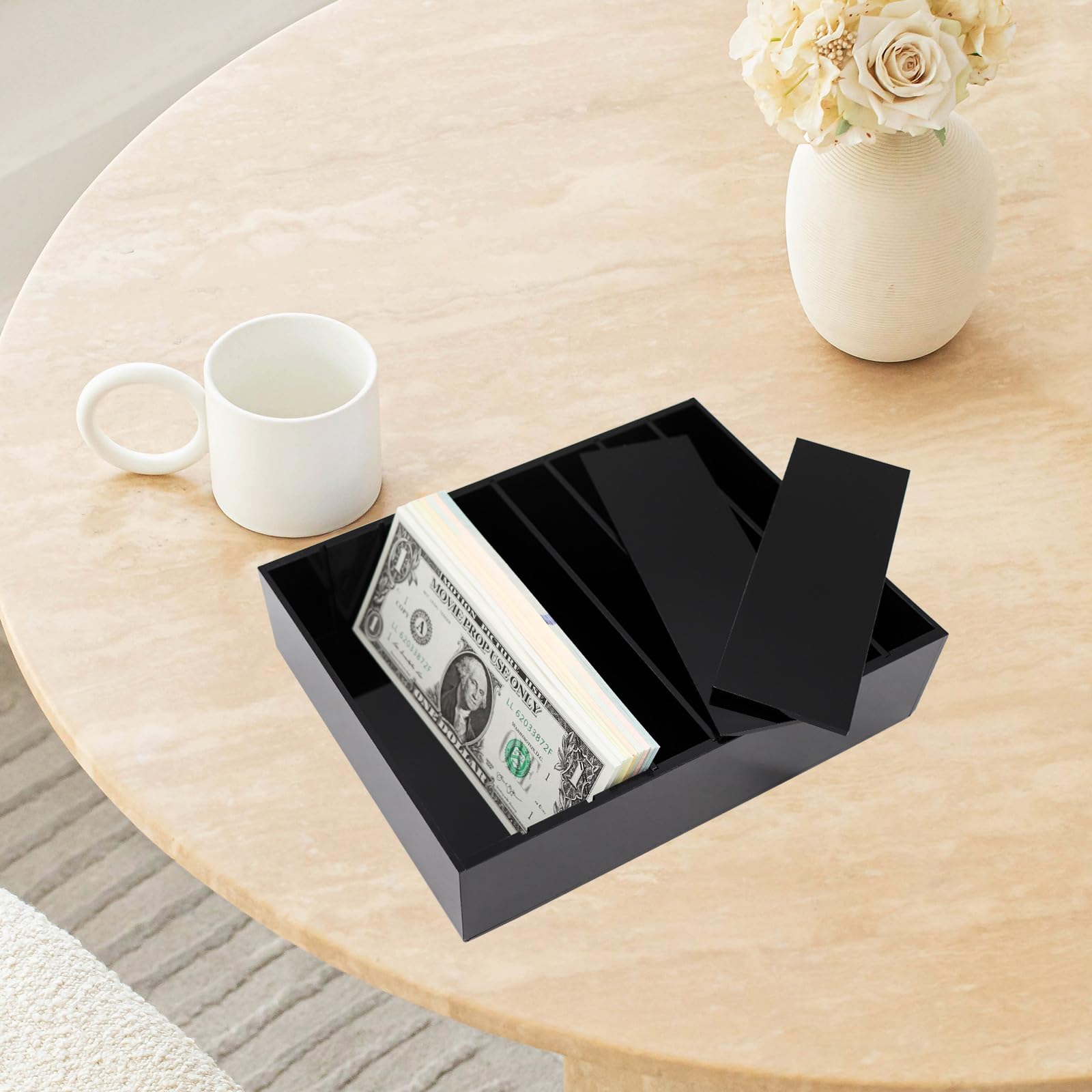 8-Compartment Black Acrylic Money Organizer - Cash Tray & Bill Holder for Retail, Salon, and Small Business | Secure Money Box for Dollar Bills & Coins