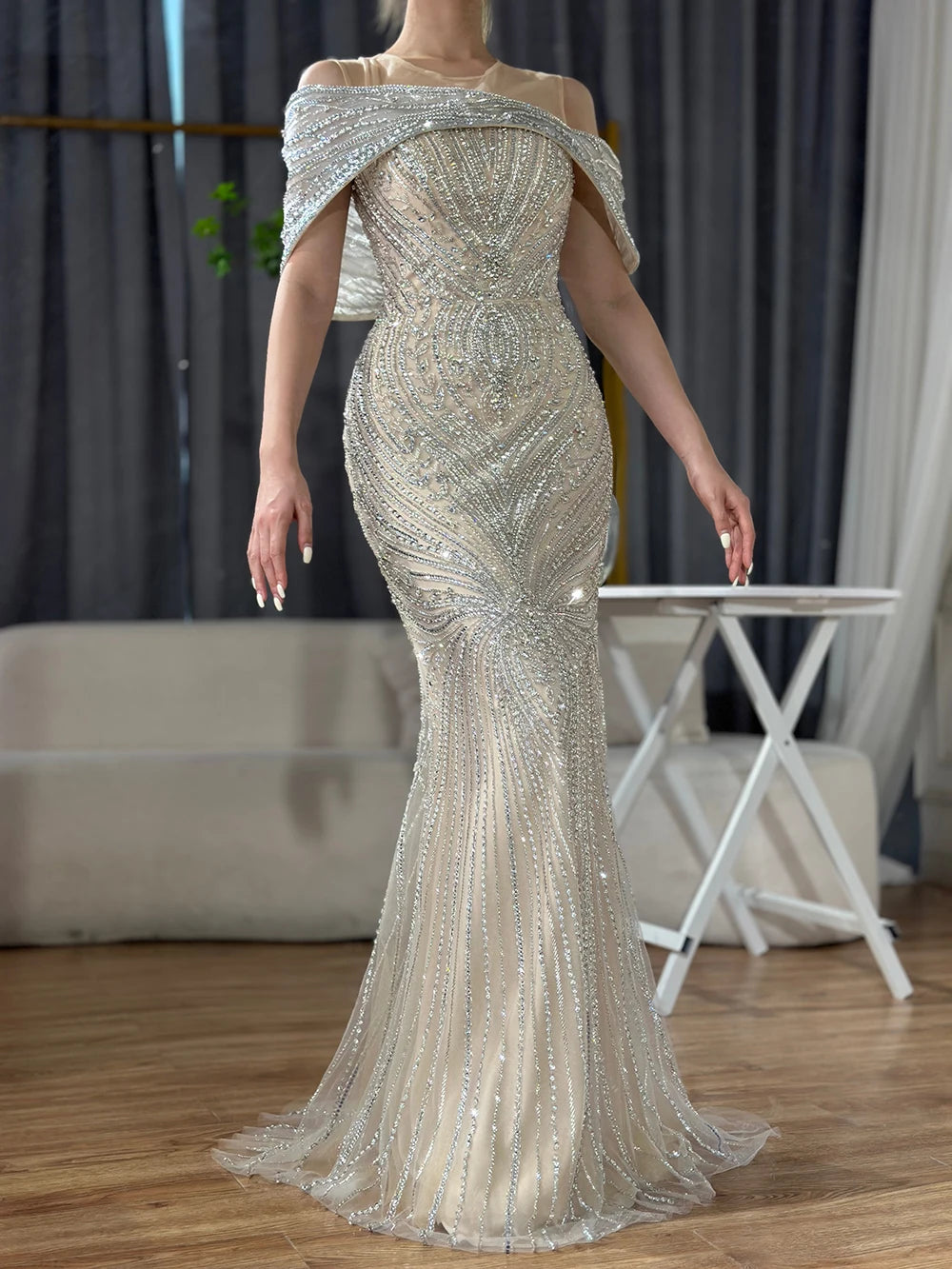 Elegant Dubai & Saudi Arabian Silver Beaded Mermaid Evening Gown for Women - Formal Party Dress LA72800 | Perfect for Weddings, Galas & Special Occasions