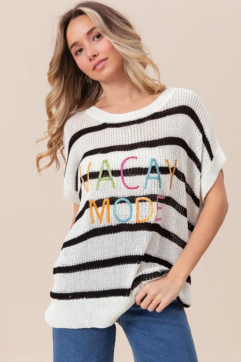 BiBi Vacay Mode Lettering Drop Shoulder Striped Sweater - Women's Casual Oversized Pullover for Beach Vacation, Travel & Cozy Fall Outfits