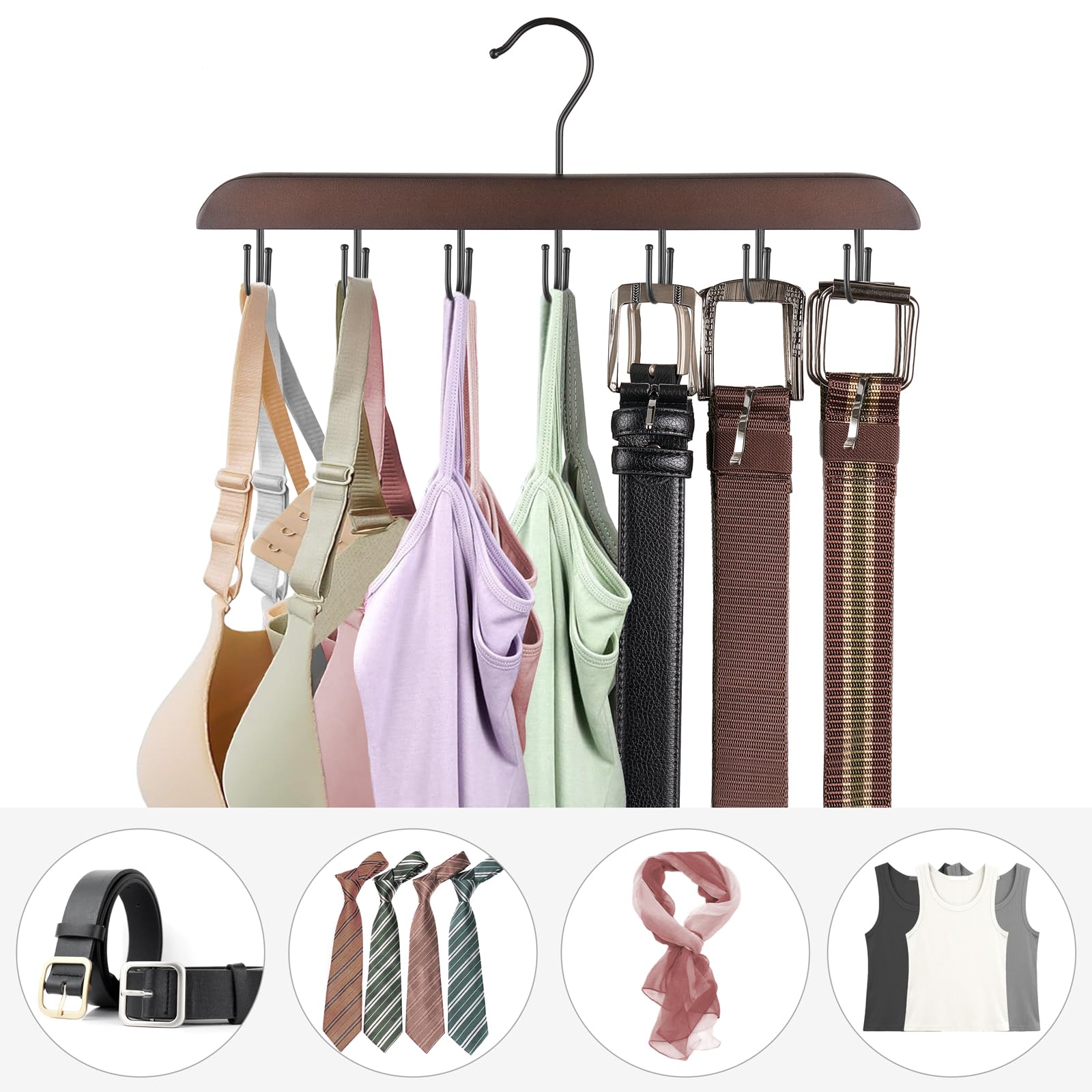 Mkono 14-Hook Wooden Bra Hanger - 360° Rotating Closet Organizer for Tank Tops, Belts, Sports Bras, Ties & Scarves | Space Saving Storage Solution for Home, Apartment & Dorm | Perfect for Small Closets, Laundry Rooms & Travel Organization
