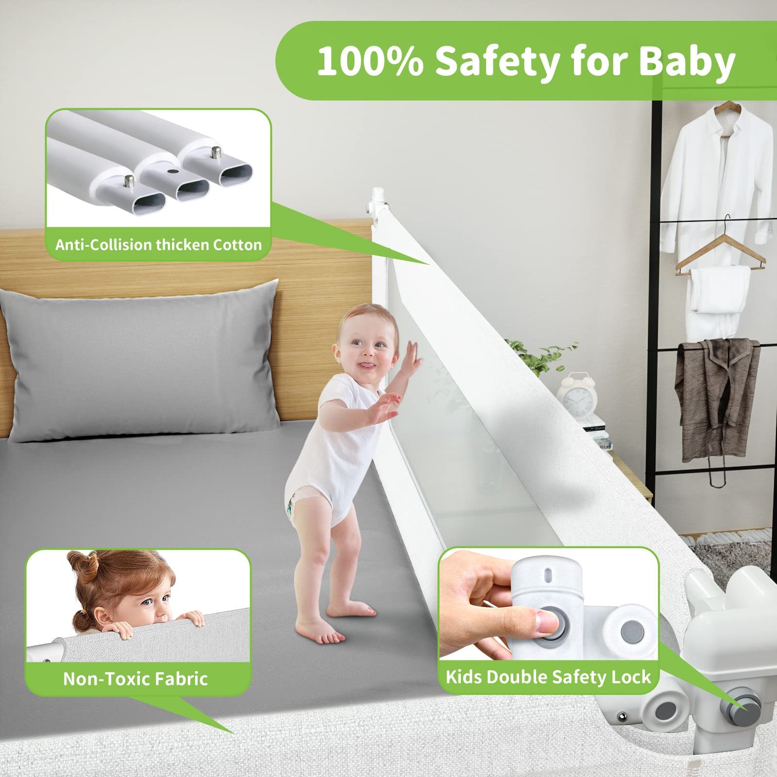 Melafa365 Adjustable Toddler Bed Rails - Safety Guard for Twin, Full, Queen & King Size Beds | Height-Adjustable Baby Bed Rail for Kids (White, 1 Piece, 74