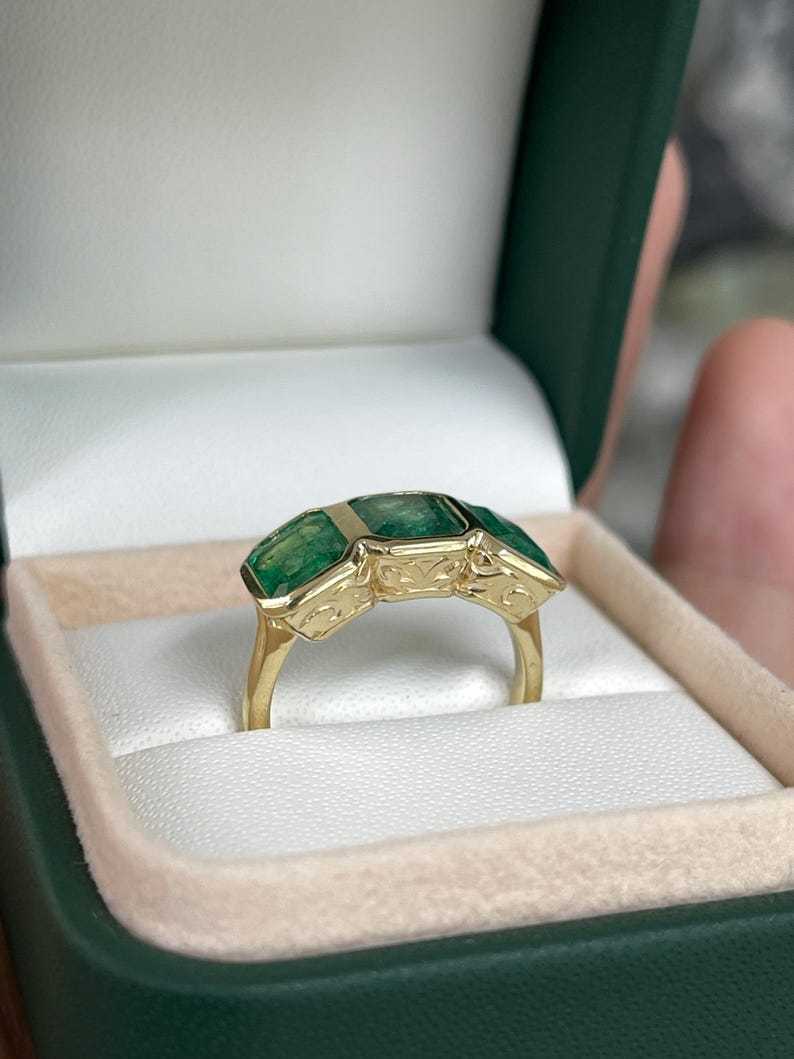 4.40tcw Bezel Set Emerald Cut Trilogy Ring in 14K Yellow Gold with Vintage Scroll Detail - Perfect for Engagement, Anniversary & Vintage Jewelry Lovers