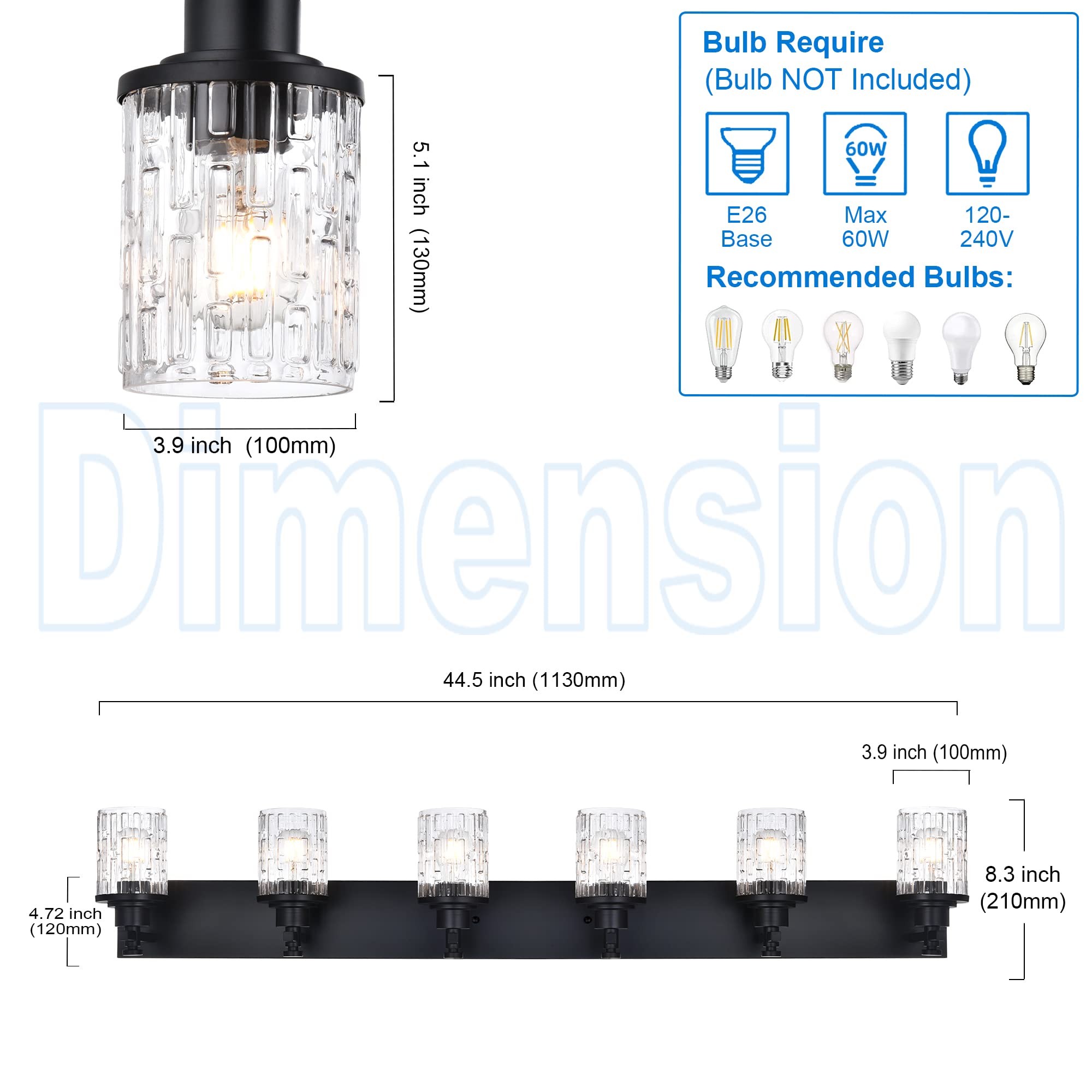 MELUCEE 6-Light Matte Black Industrial Vanity Lighting Fixture with Clear Grid Glass Shade - Modern Bathroom Wall Light for Mirror Cabinet, Powder Room, Kitchen & Foyer | Perfect for Home Decor & Interior Lighting