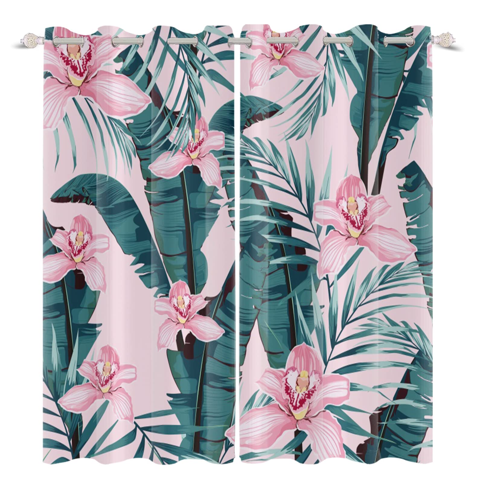 Banana Leaf Window Curtains - Tropical Pink Floral Palm Leaf Blackout Drapes for Kitchen, Living Room, Bedroom & Hotel Decor (53x63 Inch, 2 Panels) | Perfect for Beach House, Boho Chic & Tropical Themed Interiors