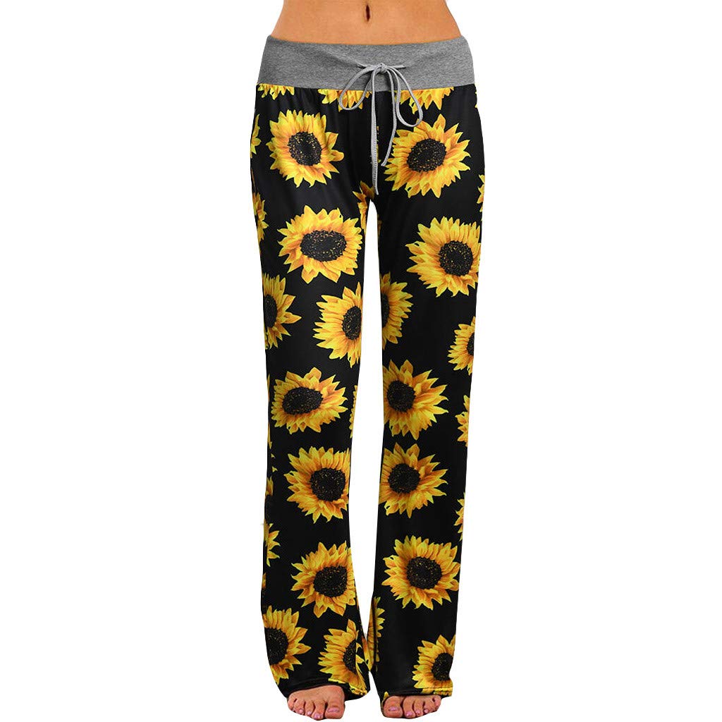 iCJJL Women's Sunflower Print Drawstring Lounge Pants - Stretchy Wide Leg Palazzo Casual Pants for Work & Comfort | Perfect for Office, Yoga & Relaxation