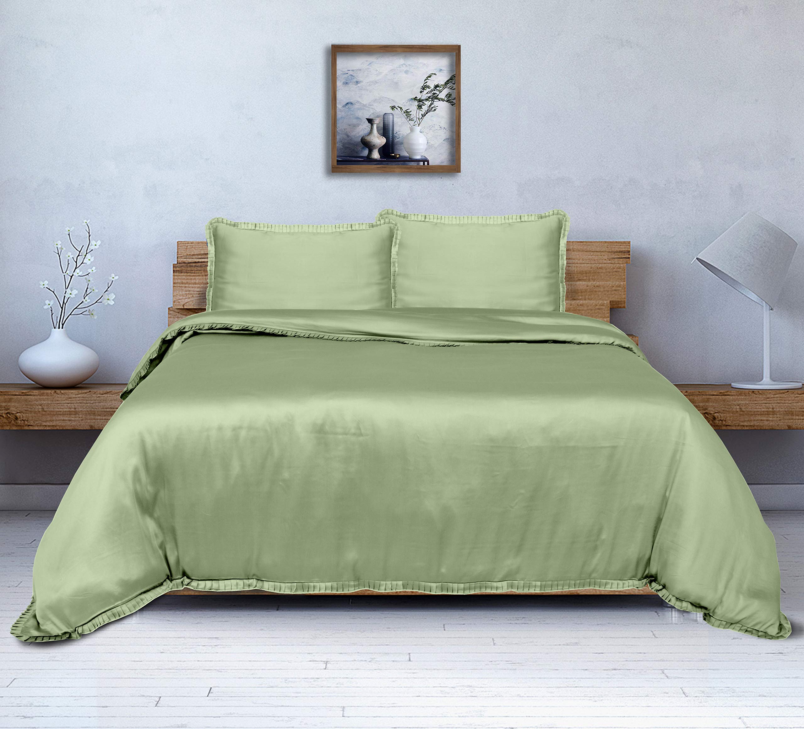 Organic Bamboo Core Bedding Set - 100% Natural Silk Soft 4Pc Set (Full, Mint) | 1 Duvet Cover with Zipper Closure, 1 Fitted Sheet & 2 Pillowcases | Designer Pleats Border | Eco-Friendly Luxury Bedding for Master Bedroom, Guest Room & Hotel Use
