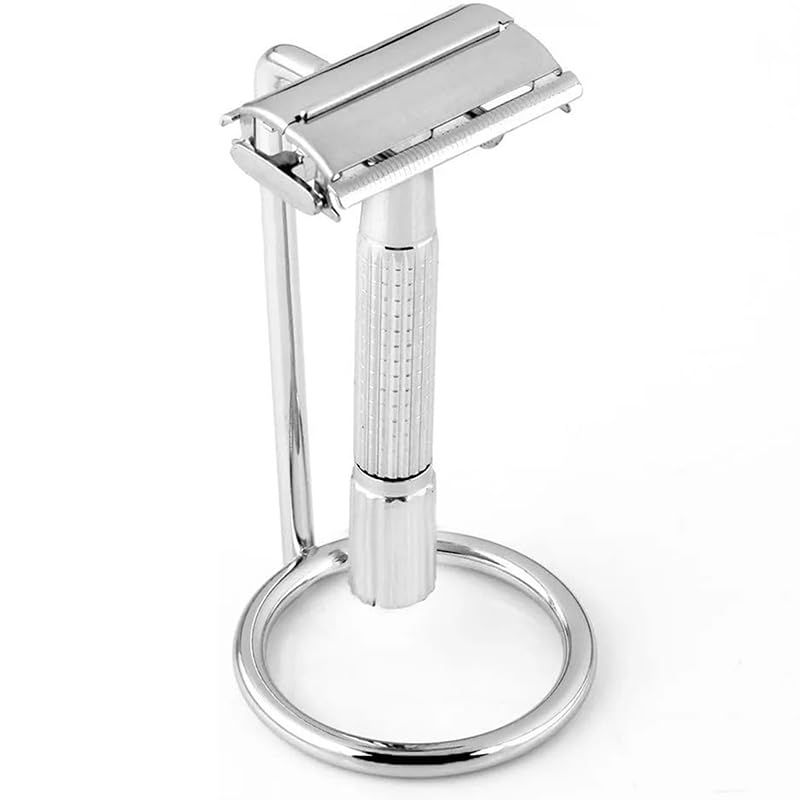 Premium Chrome-Plated Metal Shaving Brush & Razor Stand - Durable Beard Grooming Kit Holder for Men - Perfect for Bathroom, Travel & Gift Giving