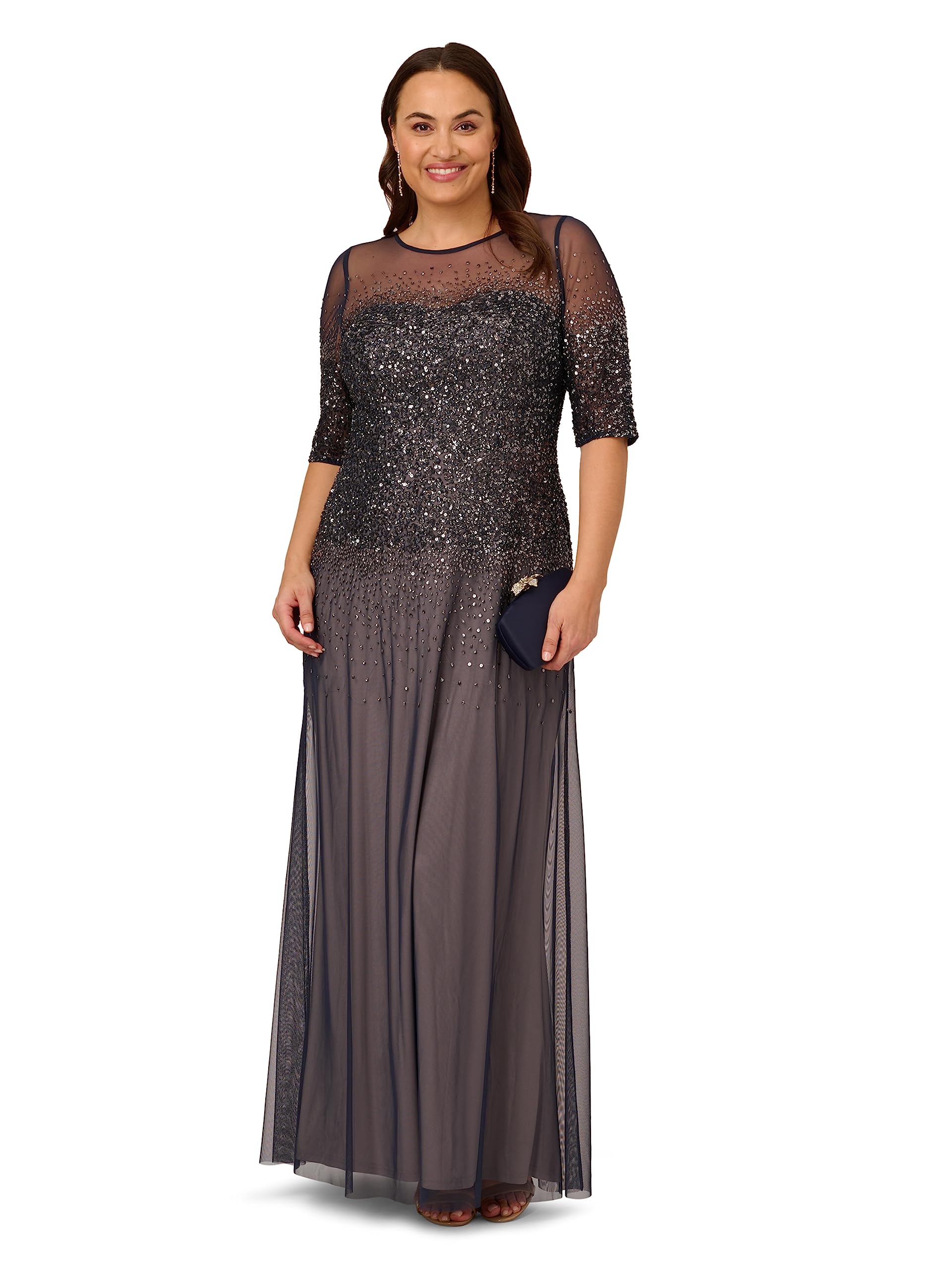 Adrianna Papell Women's Plus Size Beaded Illusion Gown - Elegant Formal Evening Dress for Weddings, Galas & Special Occasions