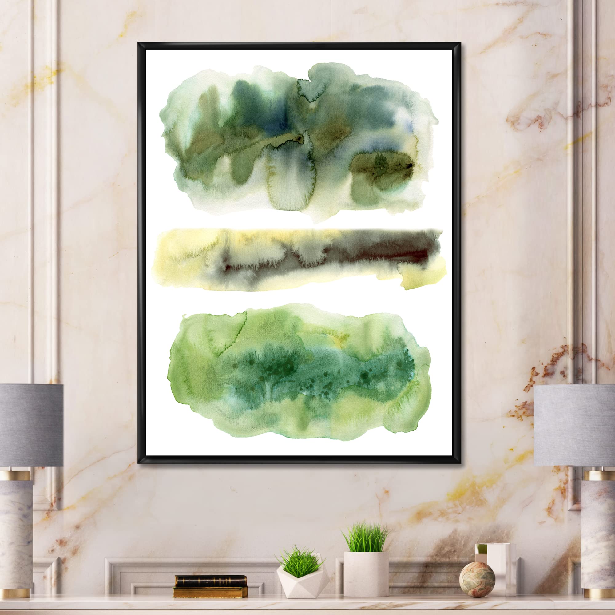 DesignQ Golden Green Abstract Clouds With Blue Points III - Modern Framed Canvas Wall Art Print for Living Room, Bedroom & Office Decor