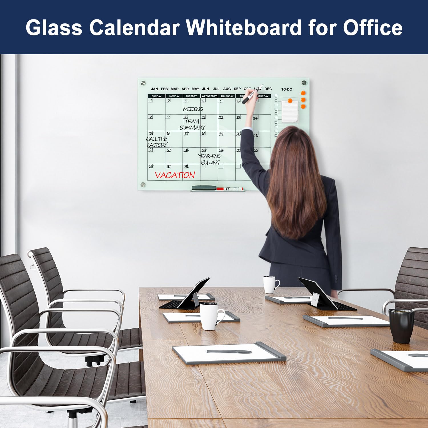 TSJ OFFICE 36 x 24 Inches Magnetic Glass Whiteboard - Monthly Dry Erase Calendar for Wall, Large Glass White Board for Office, Home & School - Perfect for Scheduling, Planning & Organizing Tasks