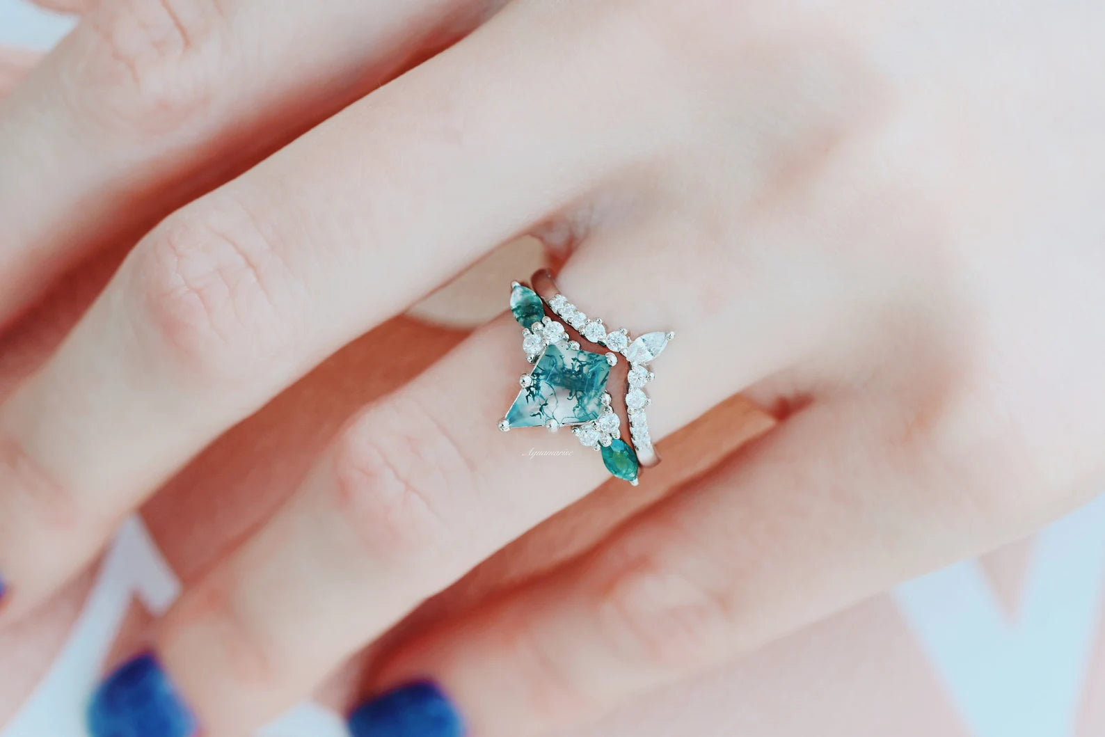 Skye Kite™ Moss Agate Couples Ring - Matching Promise Rings for Him & Her - Natural Stone Wedding Band Set - Perfect for Anniversaries, Engagements & Romantic Gifts