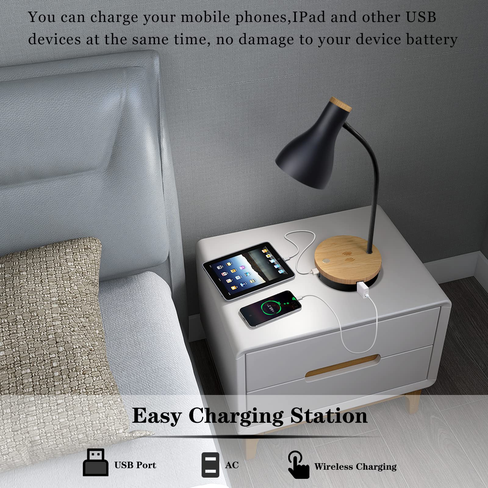 Wireless Charging Metal Desk Lamp - 3-Way Dimmable Touch Control LED Reading Light with USB Ports for Bedroom, Study Room & Office | Perfect for Night Reading, Working & Phone Charging (Black)